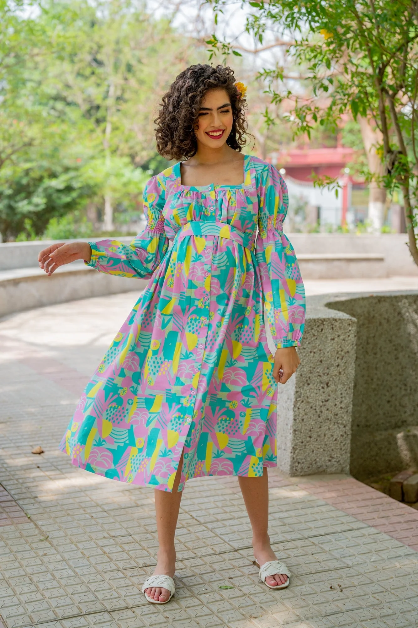 Dusty Blue Yellow Abstract Maternity & Nursing Dress (100% Cotton) - Chenance