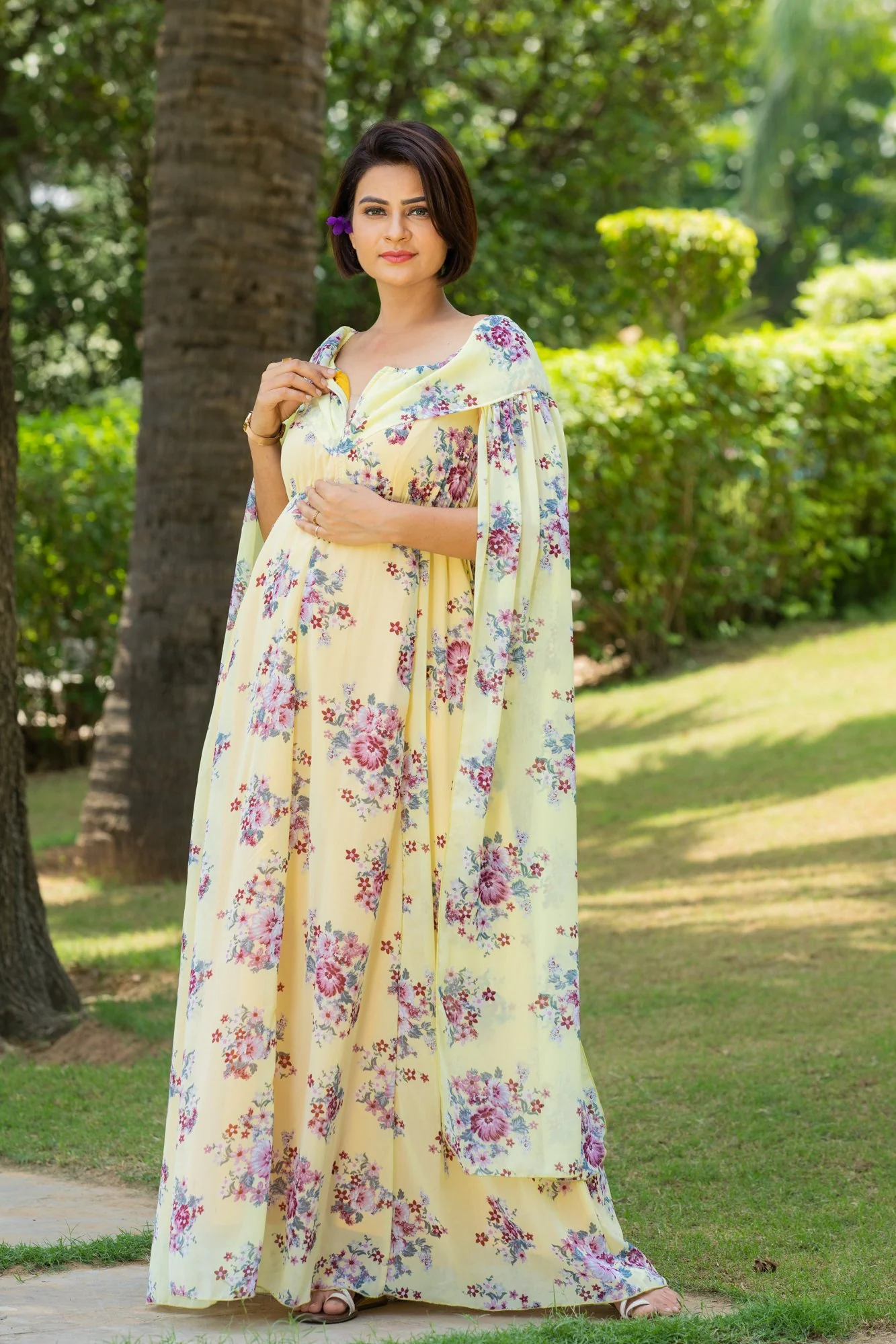 Canary Floral Flying Sleeves Maternity & Nursing Dress - Chenance