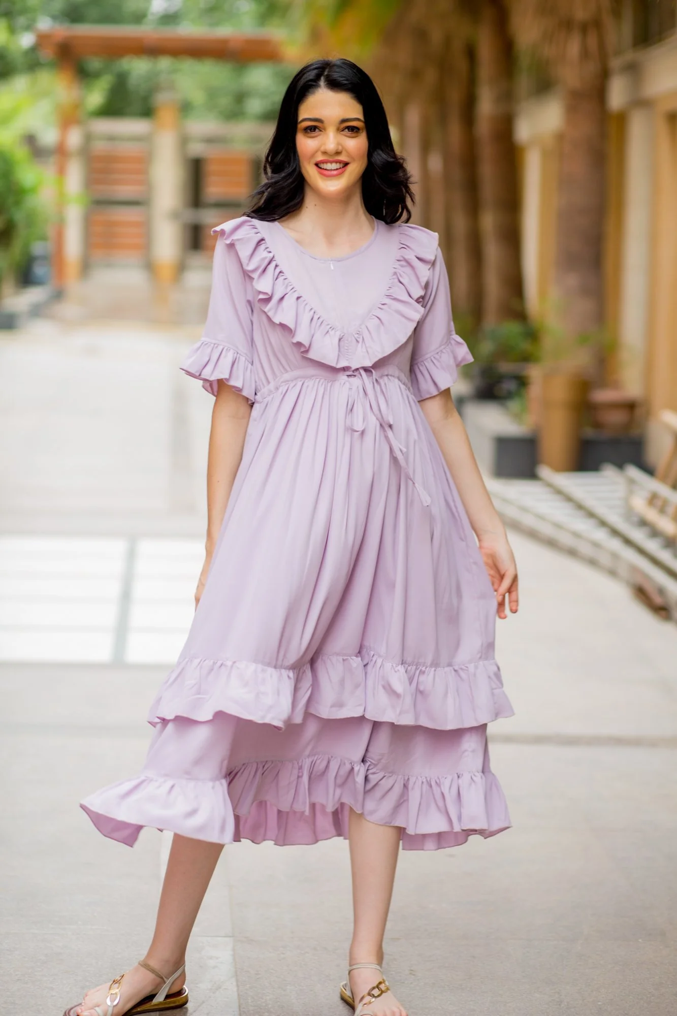 Lavender Front Frill Maternity & Nursing Midi Dress - Chenance
