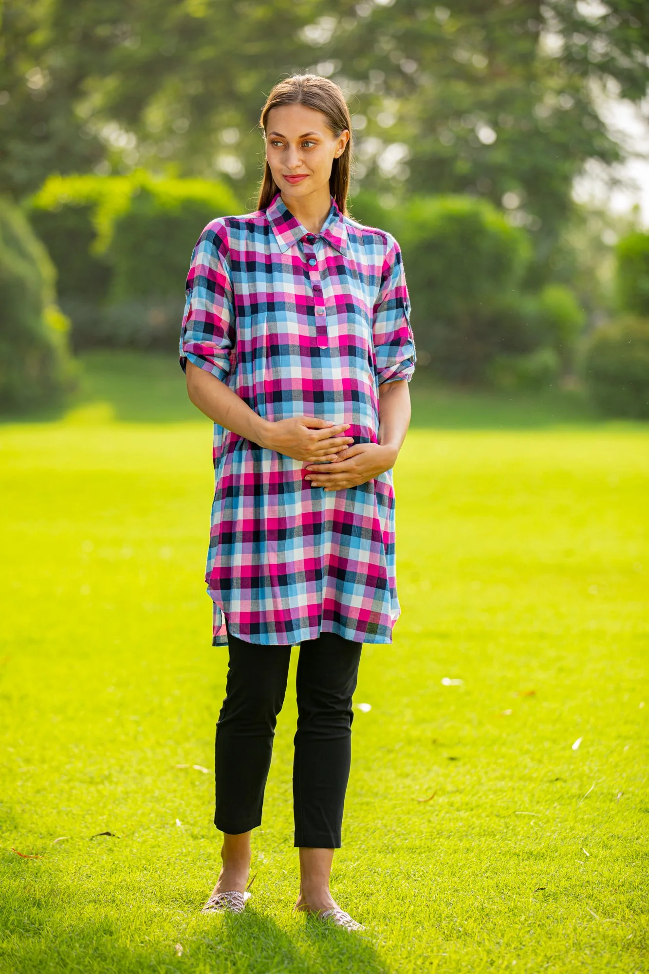 French Rose Plaid Versatile Maternity & Nursing Shirt Dress - Chenance