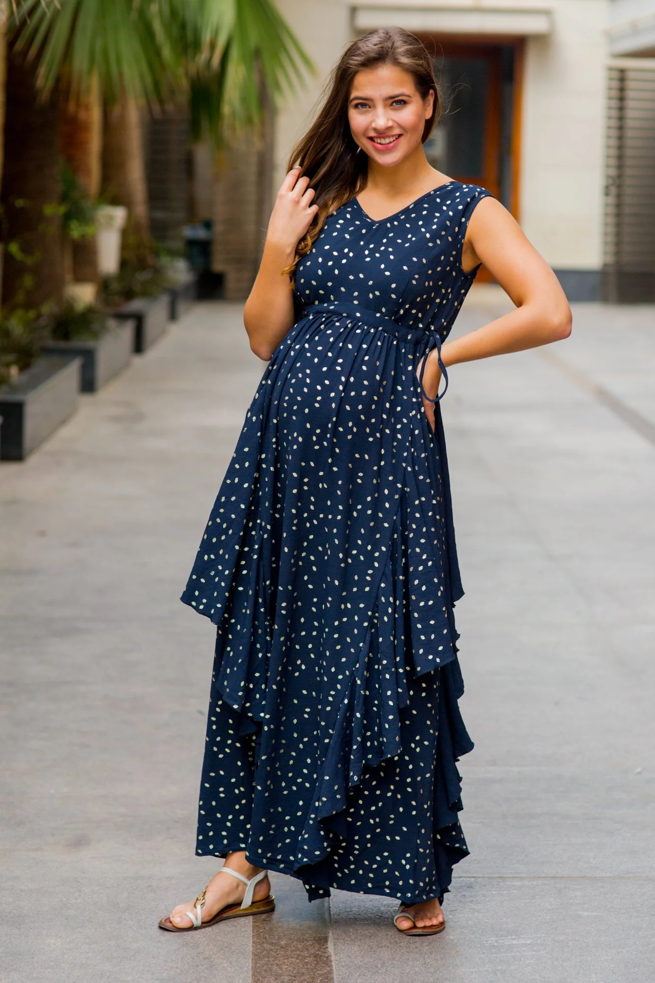 Luxe Navy Gold Speckle Embellished Maternity Flow Dress - Chenance