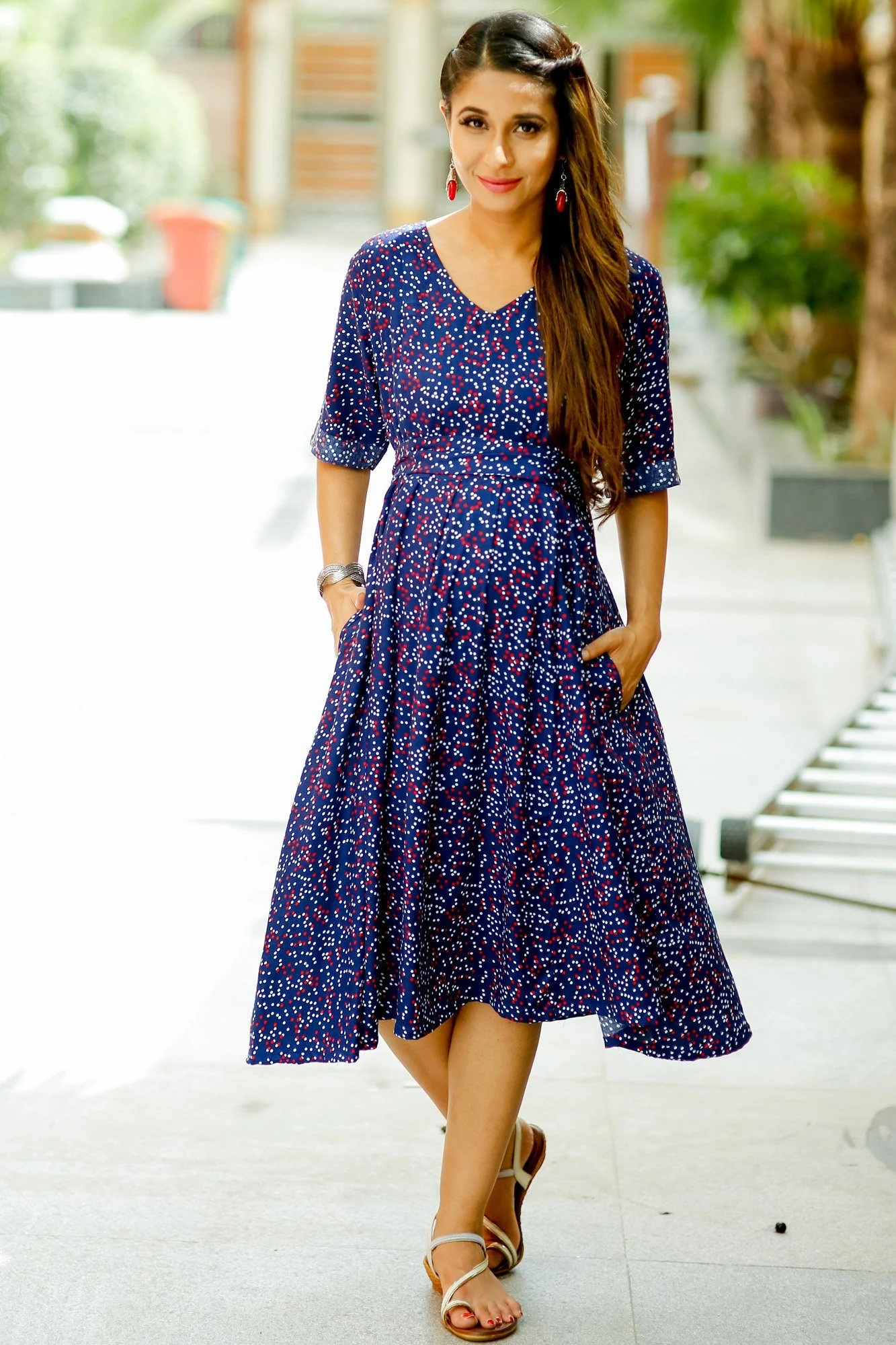 Blue Red White Polka Concealed Zips Maternity & Nursing Dress - Chenance