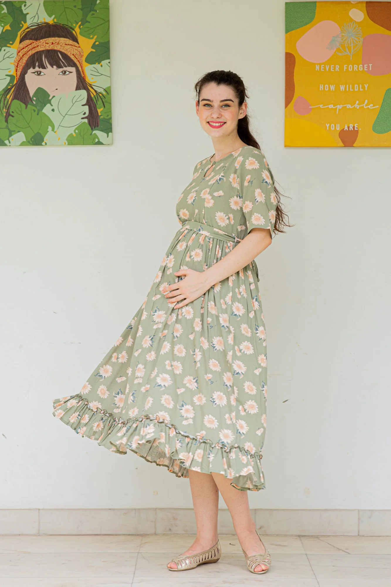 Sage Frill Crepe Concealed Zips Maternity & Nursing Dress - Chenance