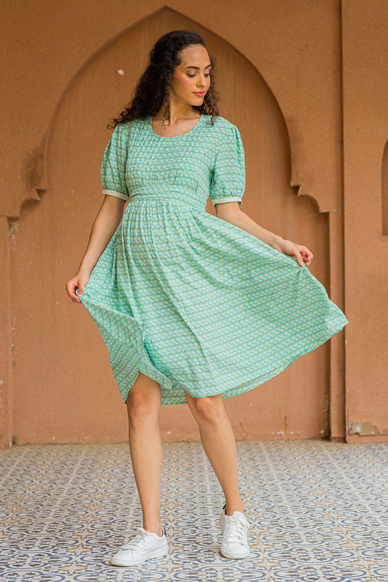 Pistachio Floral Maternity & Nursing Pintucks Knee Dress - Chenance