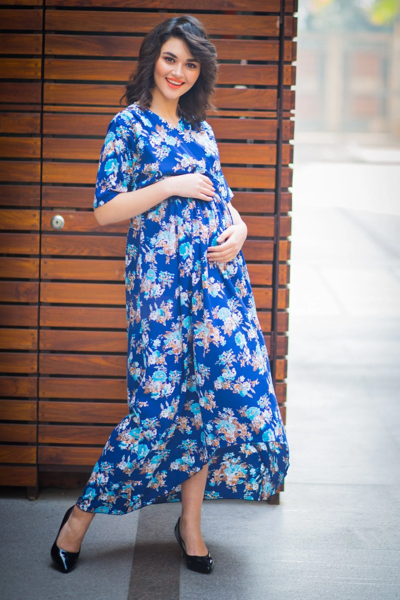 Floral Blue High-Low Maternity & Nursing Wrap Dress - Chenance