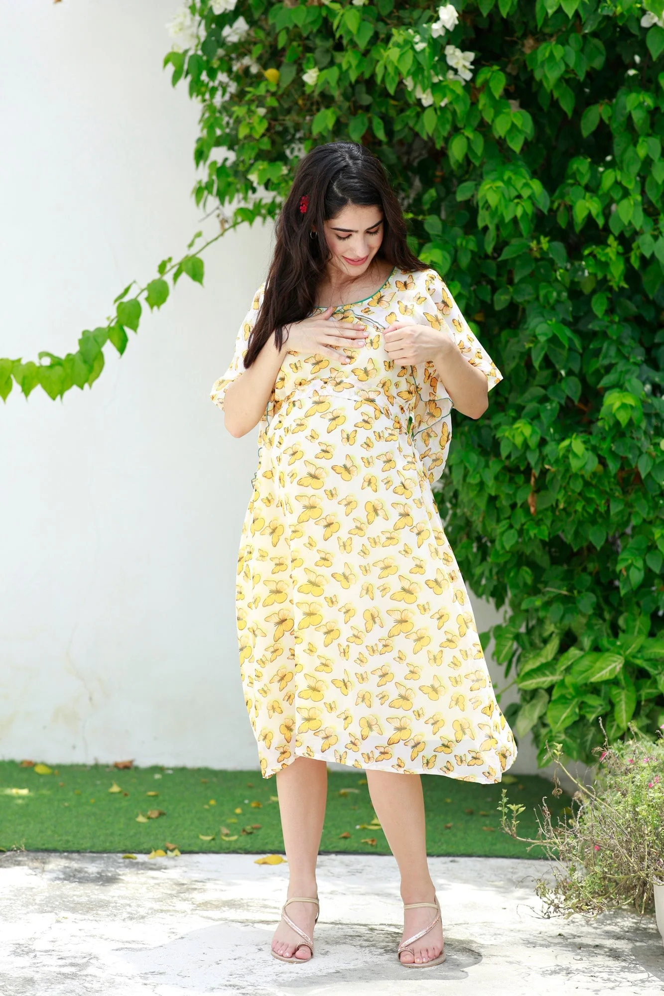 Pretty Mustard Butterflying Maternity & Nursing Chiffon Dress - Chenance