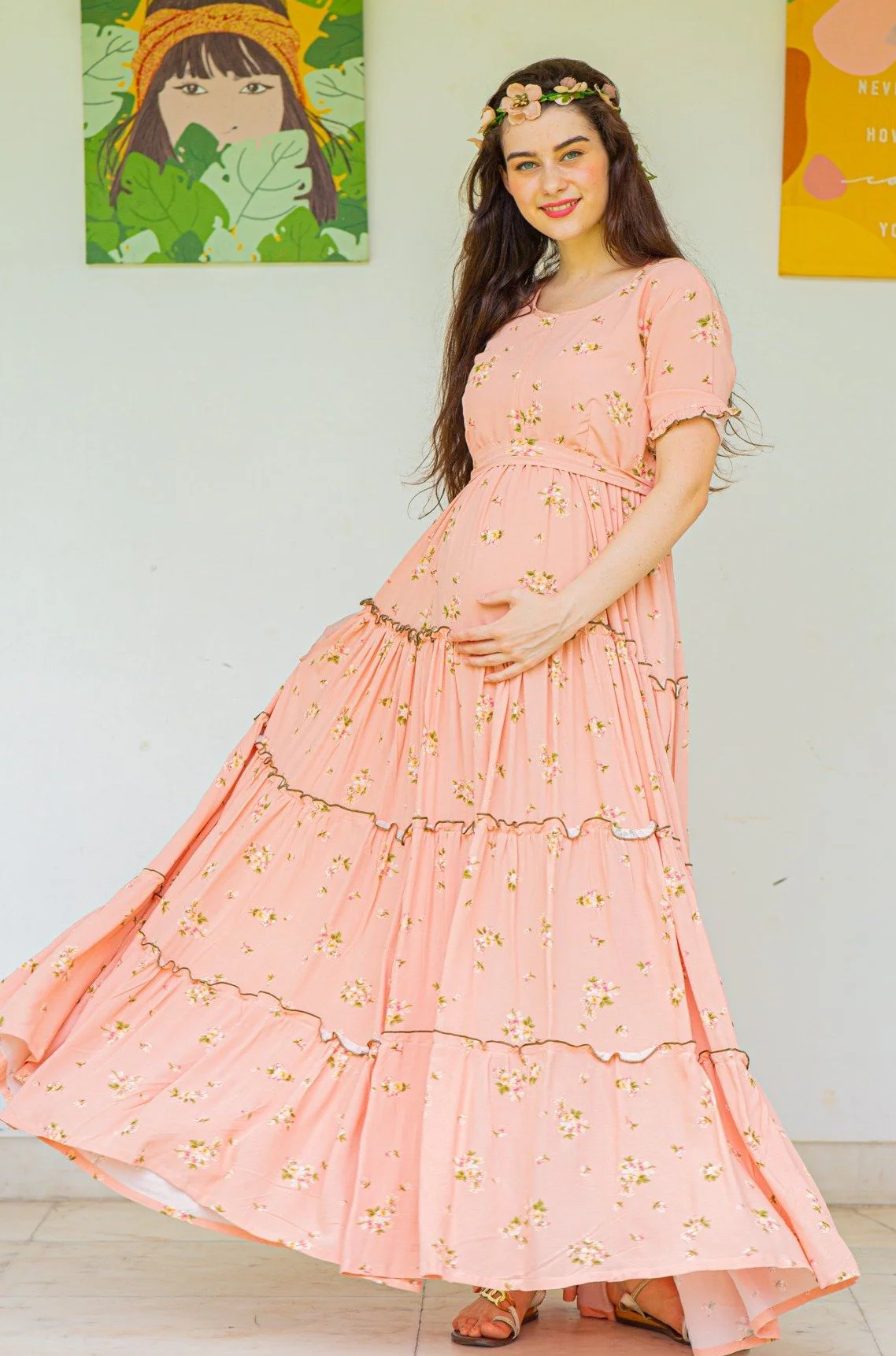 Peach Garden Frill Maternity & Nursing Dress - Chenance