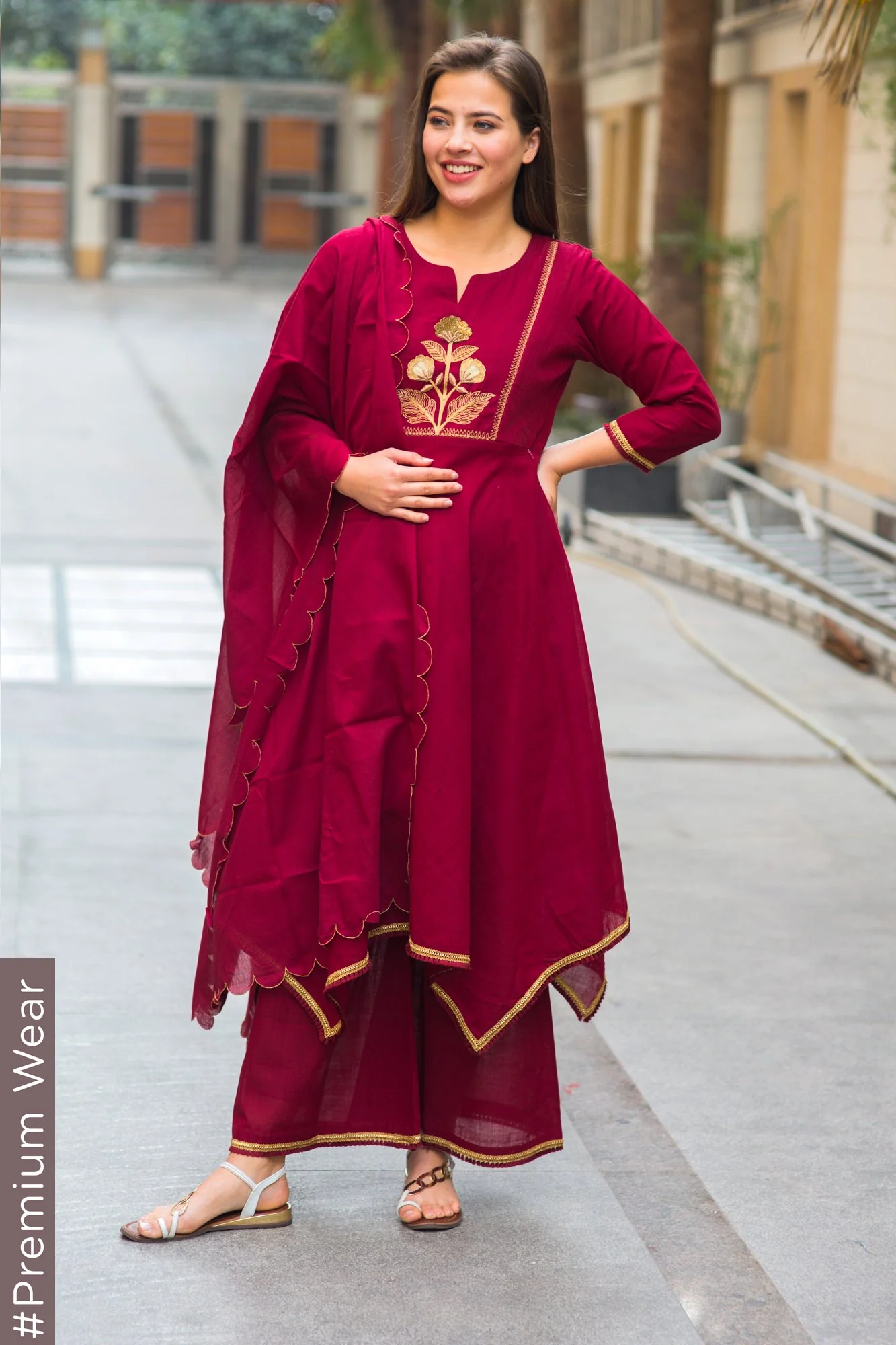 Premium Maroon Assym Gold Zari Maternity & Nursing Suit Set (3 pc) - Chenance