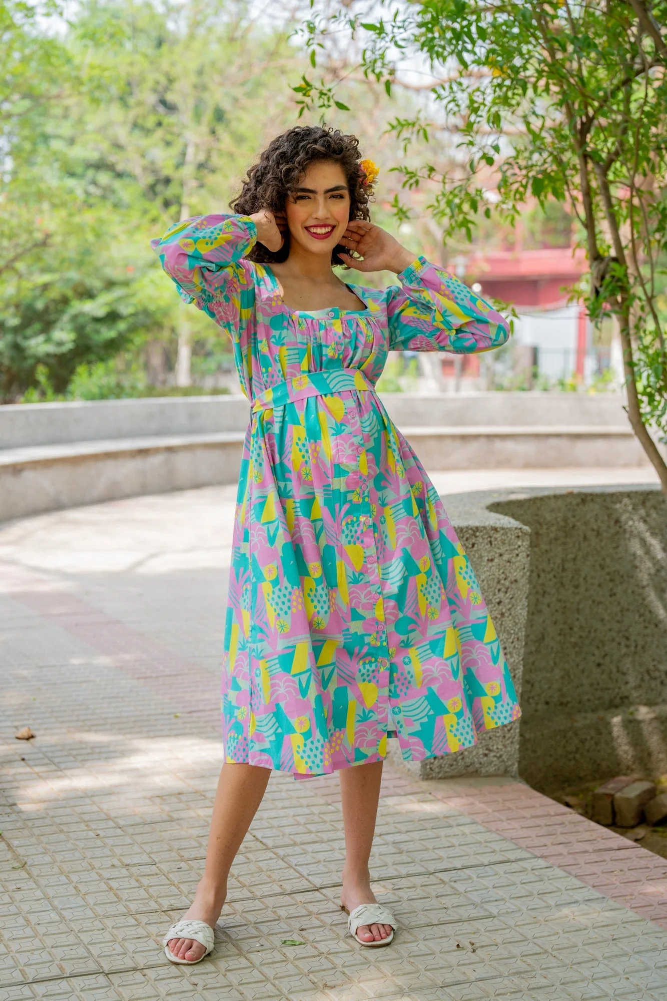 Dusty Blue Yellow Abstract Maternity & Nursing Dress (100% Cotton) - Chenance