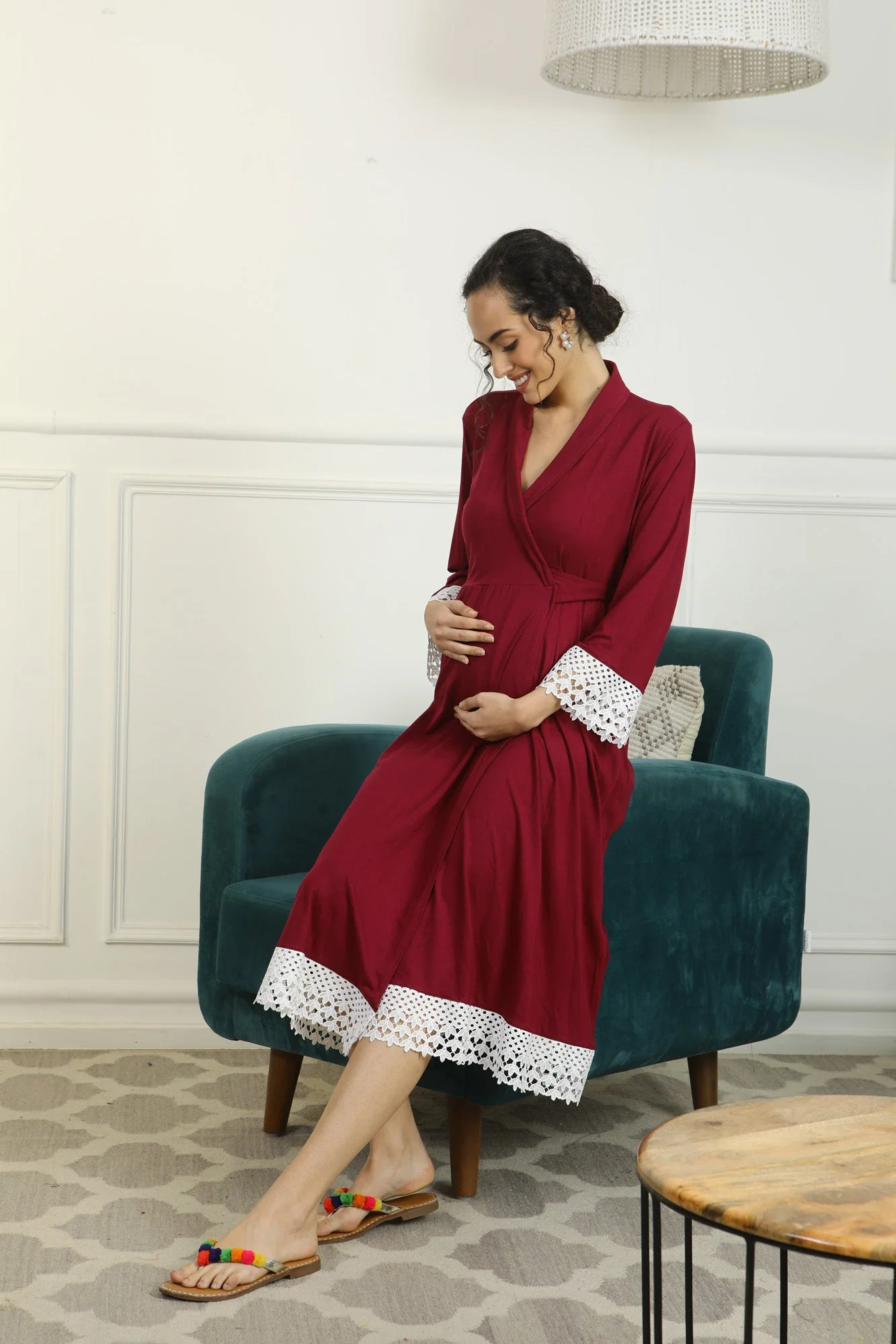 Vibrant Mulberry Lycra Maternity & Nursing Wrap Nightwear Dress/ Hospital Gown/ Delivery Robes - Chenance