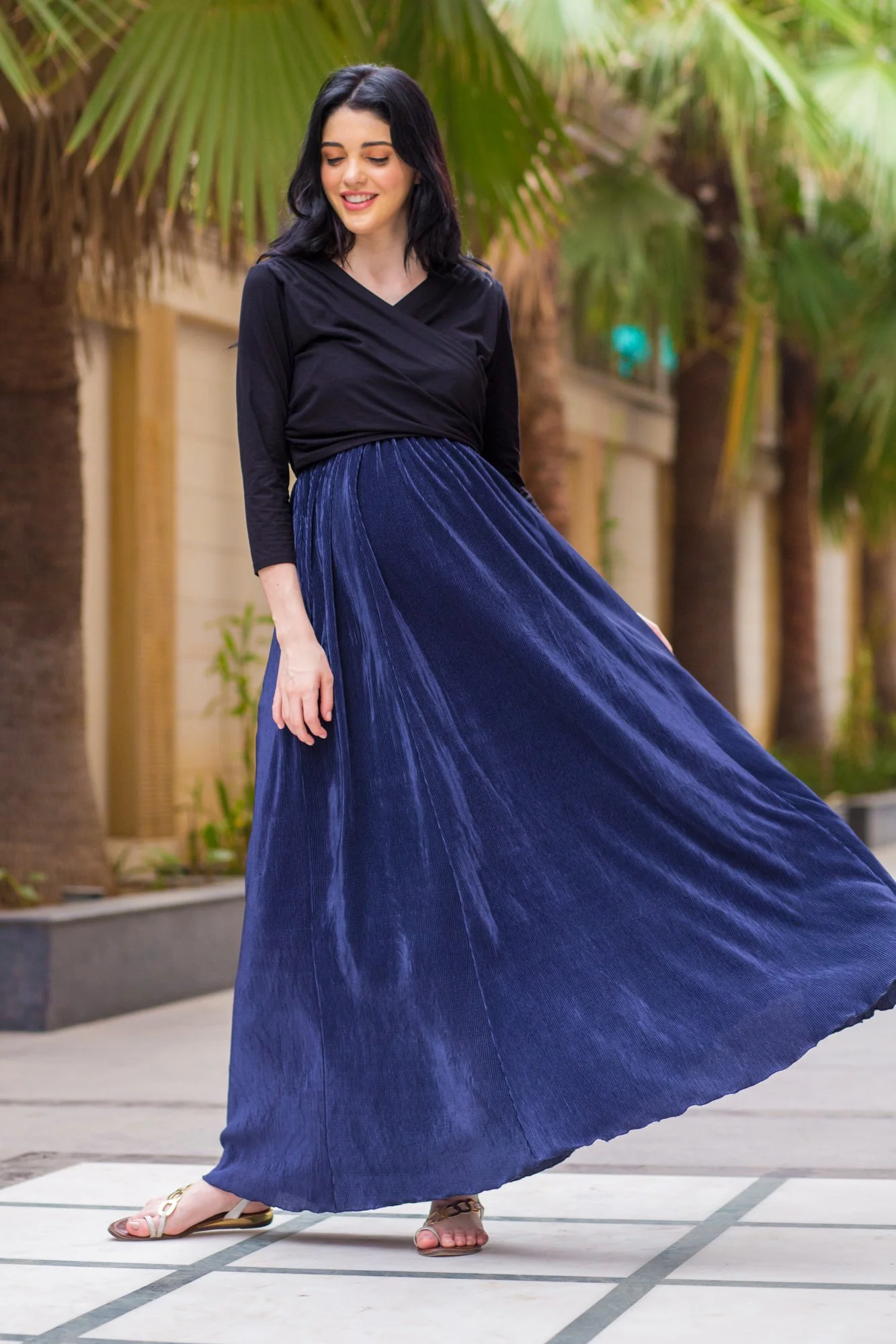 Luxe Navy Pleated & Nursing Wrap Dress - Chenance