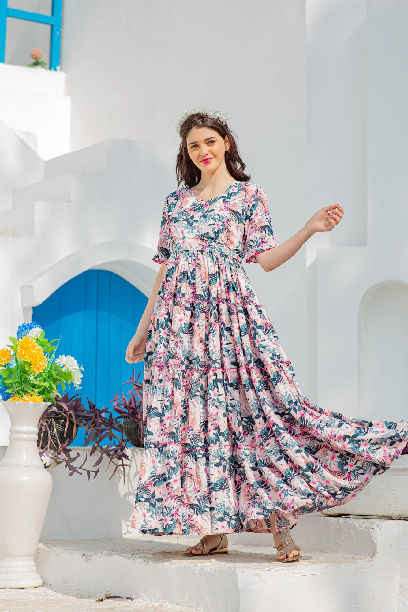 Peachy Tropical Bloom Frill Maternity & Nursing Dress - Chenance