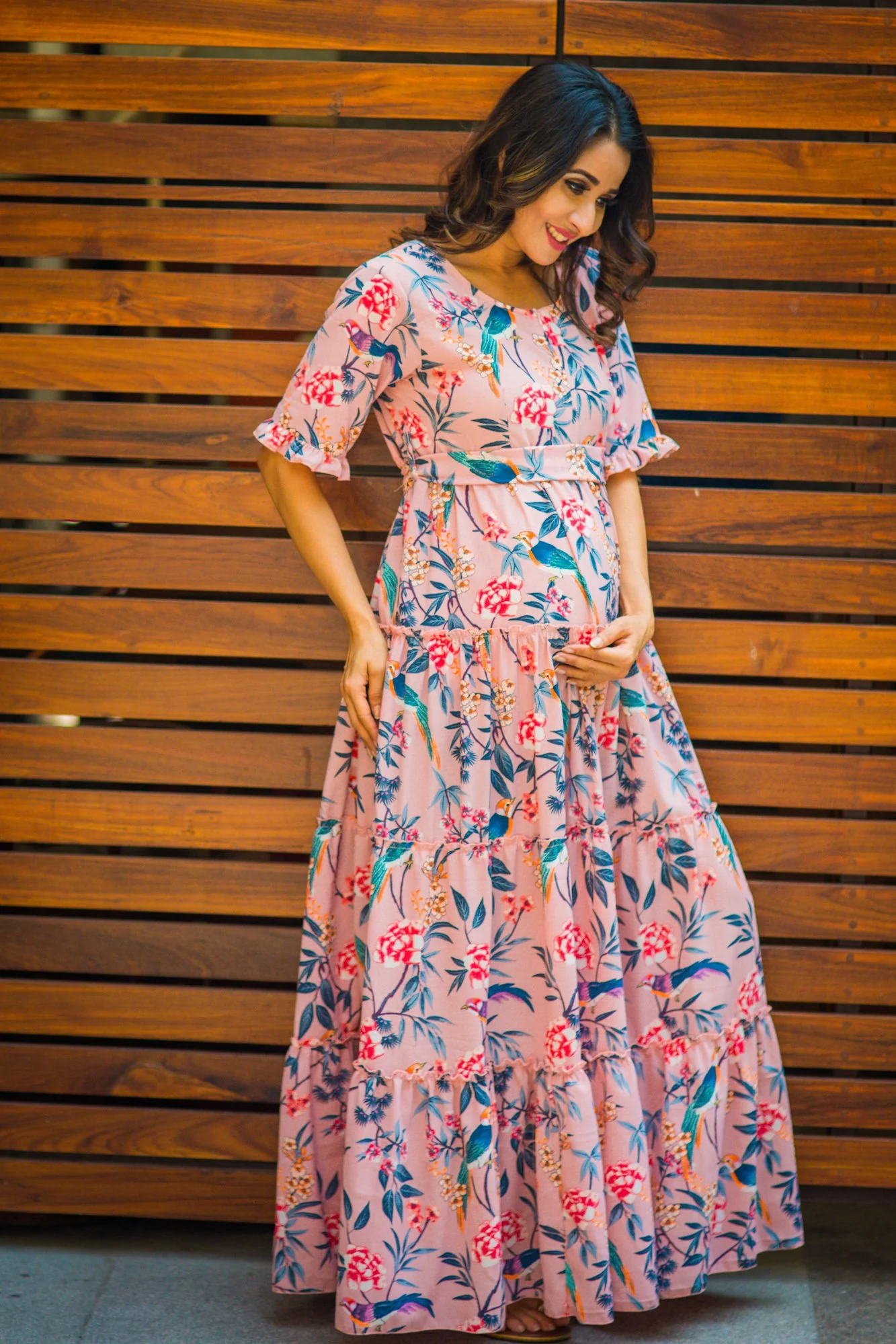 Multilayer Garden Peach Frill Single Concealed Zip Maternity & Nursing Dress - Chenance