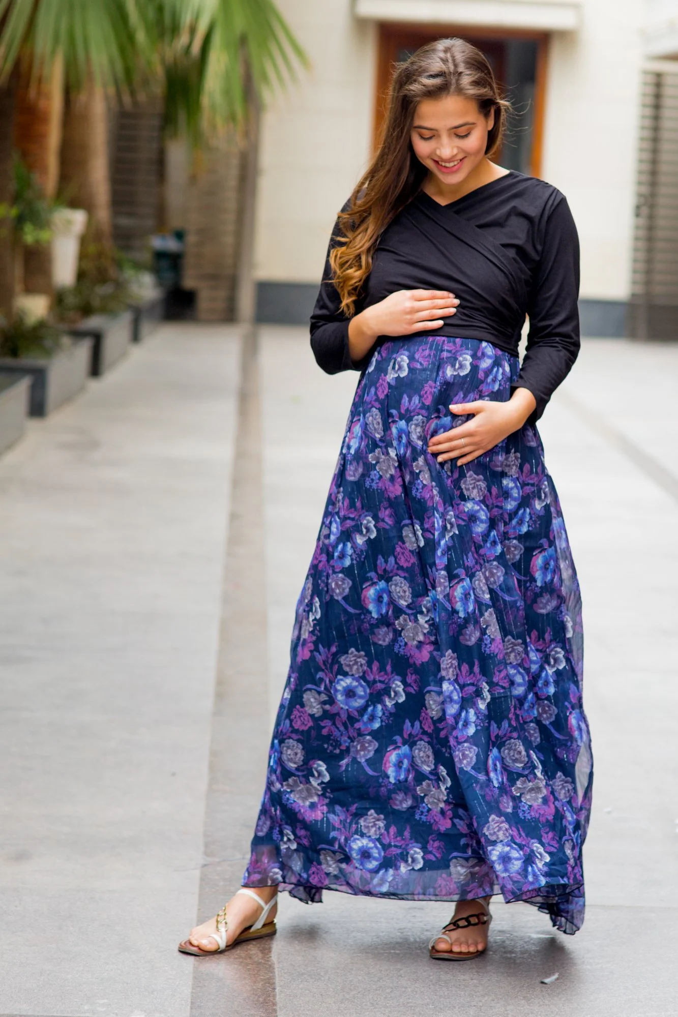 Luxe Violet Floral Chiffon Maternity & Nursing Wrap Dress - Chenance