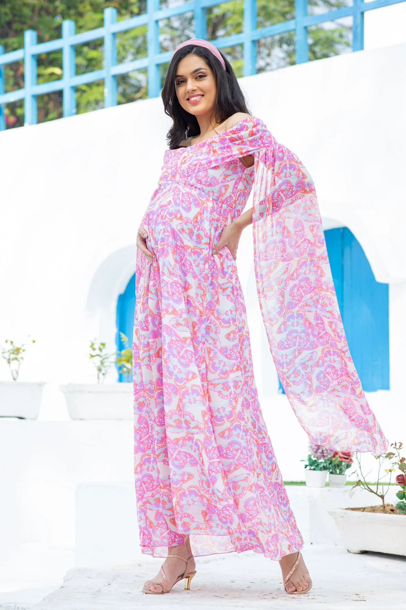Pink Butterfly Flying Sleeves Maternity & Nursing Dress - Chenance