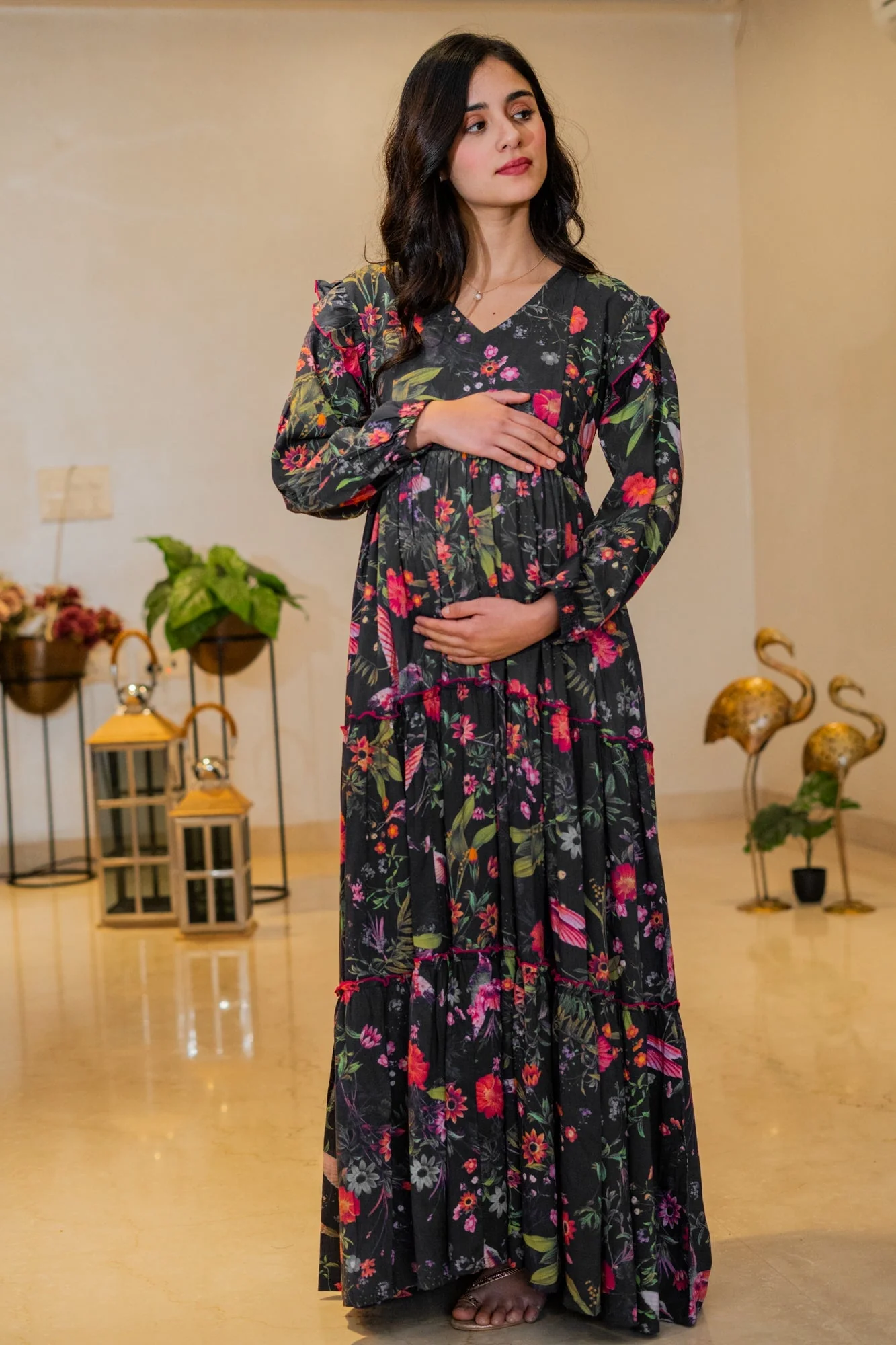 Serene Midnight Blooming Maternity & Nursing Layered Dress - Chenance