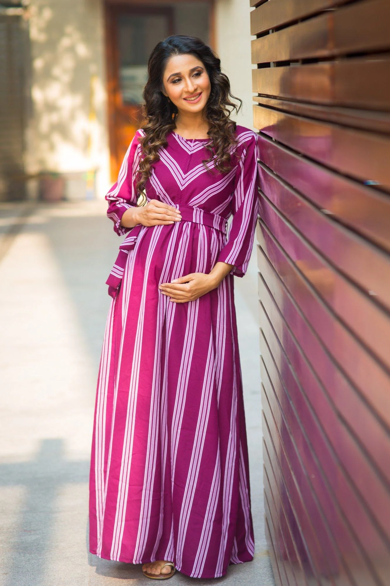 Plum Striped Front Zip Maternity & Nursing Crepe Dress - Chenance