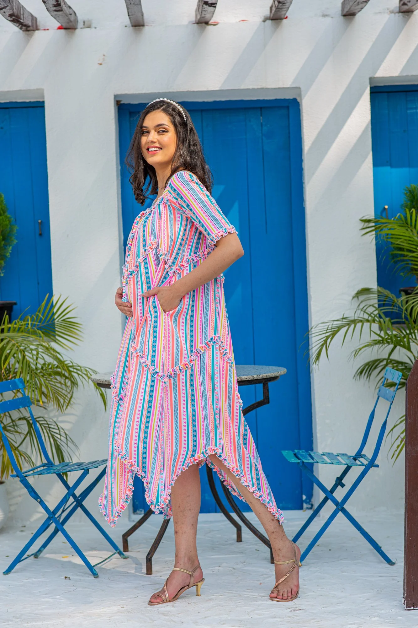 Angelic Vibrant Striped Long Maternity & Nursing Dress - Chenance