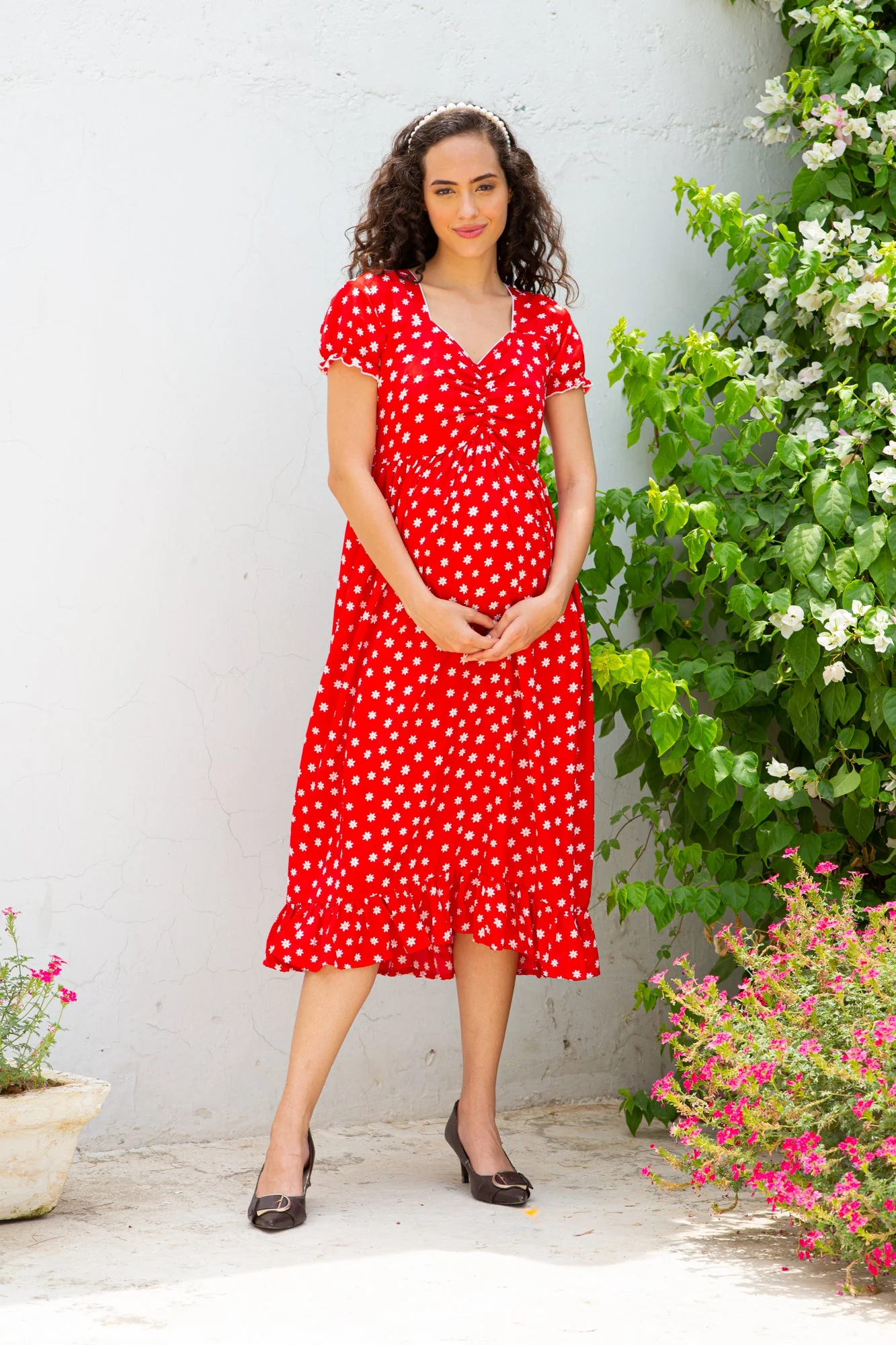 Pretty Crimson Sprinkle Maternity Dress - Chenance