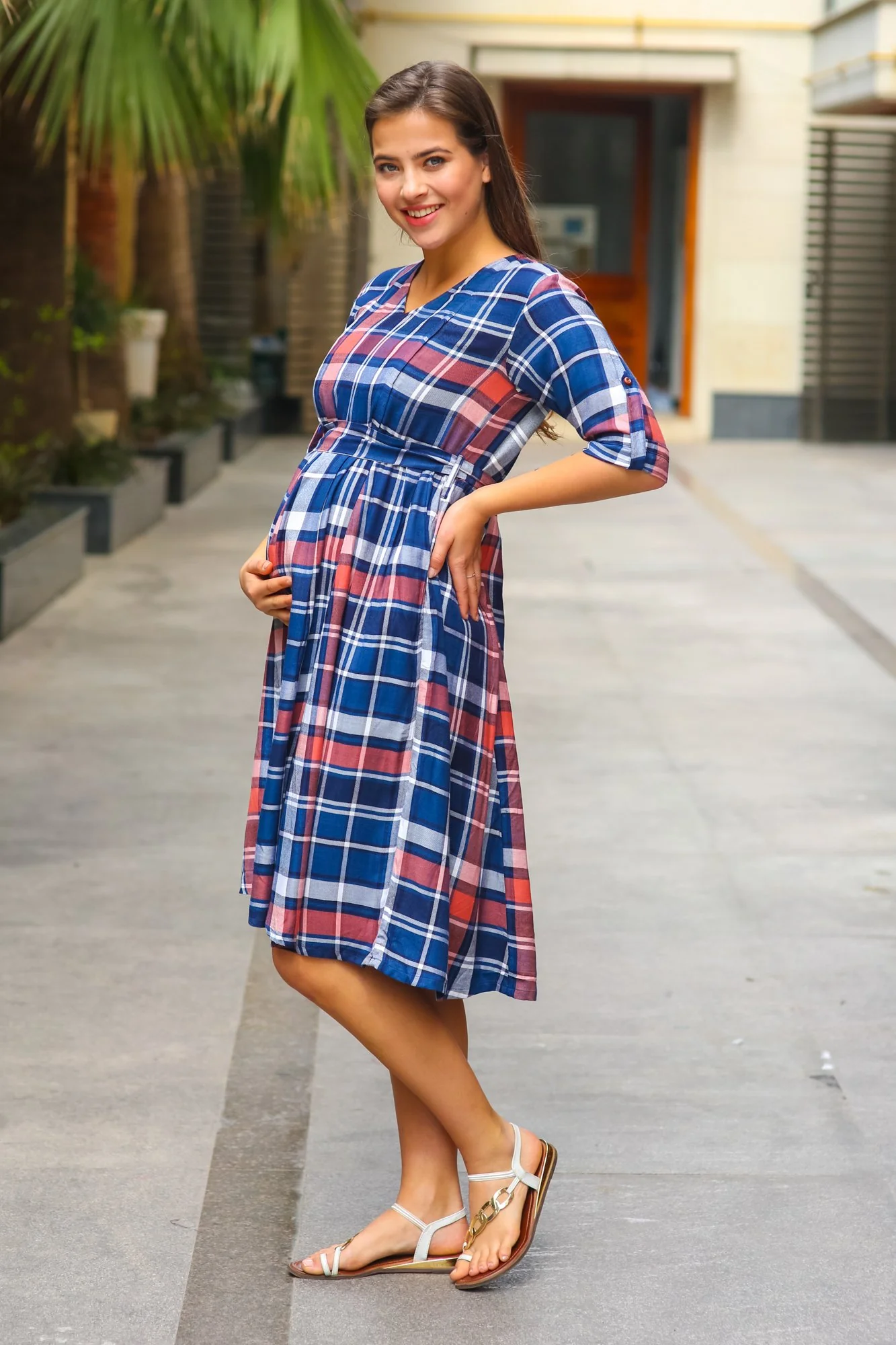 Navy Peach Plaid Pintucks Nursing Dress - Chenance
