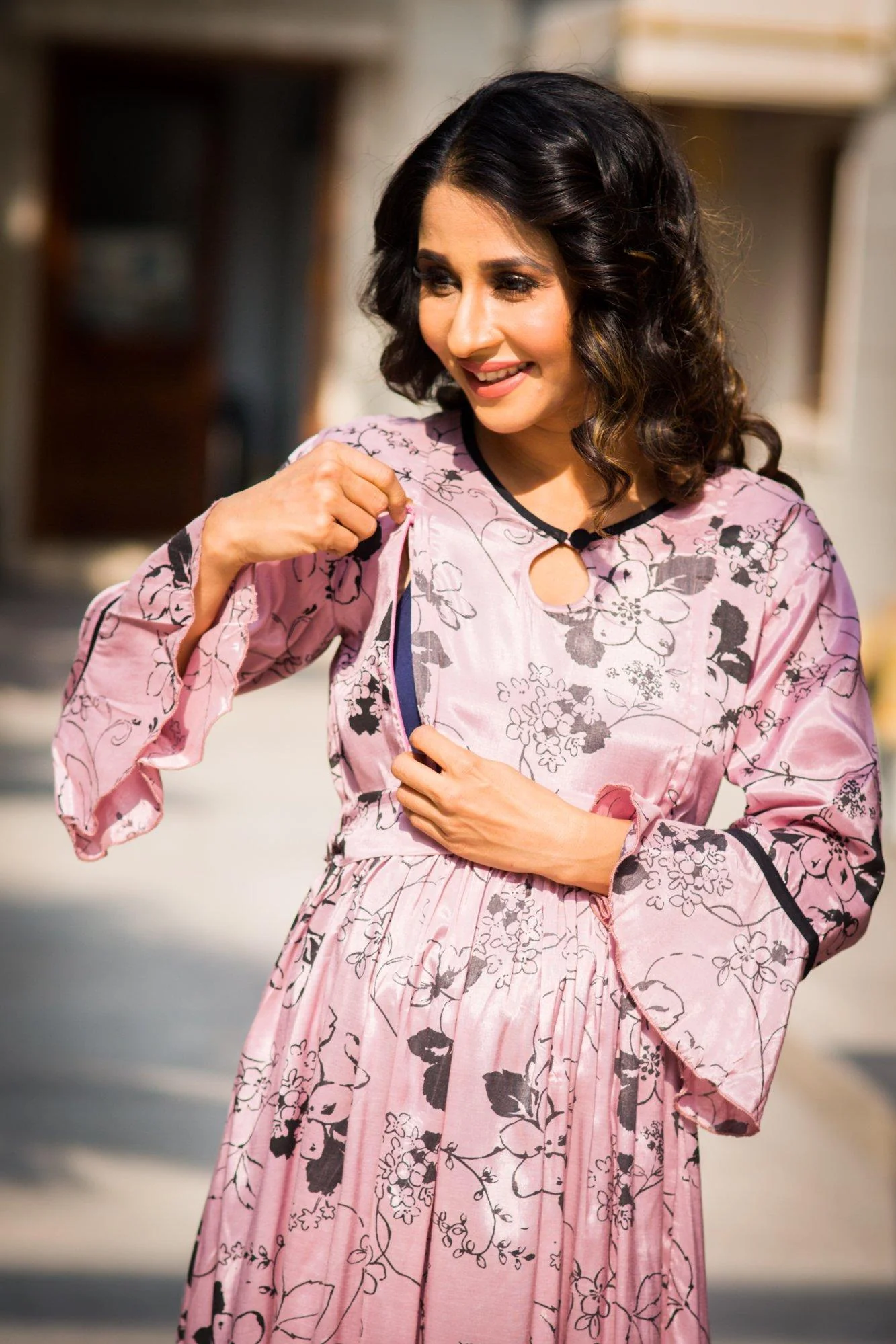 Salmon Pink Concealed Zips Maternity & Nursing Versatile Kurta Dress - Chenance
