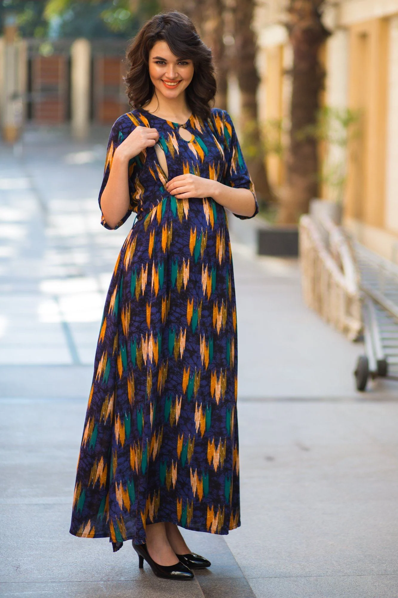 Midnight Blue Mustard Side Slit Maternity & Feeding Dress - Chenance