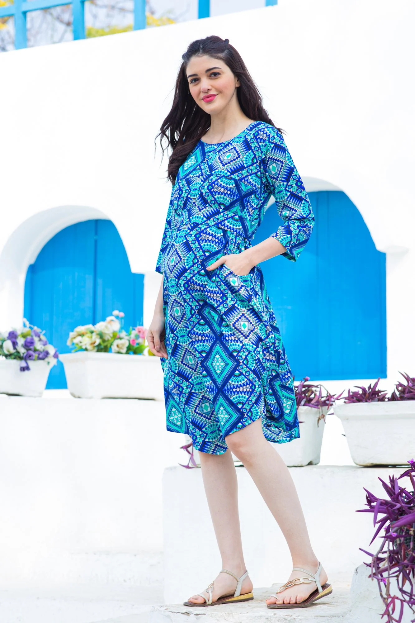 Turquoise Maternity & Nursing Horizontal Zip Dress - Chenance