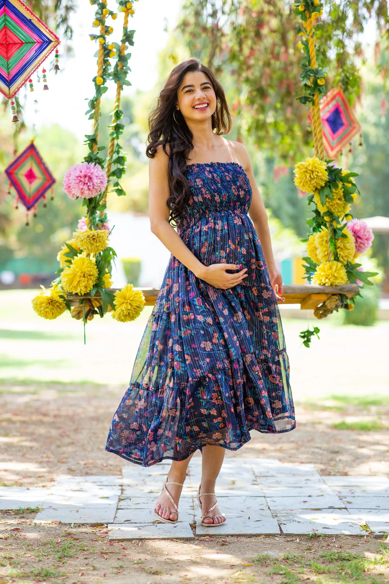 Midnight Chiffon Floral Maternity Off-Shoulder Frill Dress - Chenance