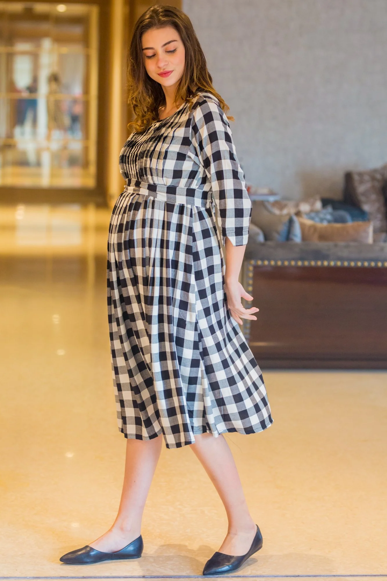 Nautical Plaid Pintucks Nursing Dress - Chenance