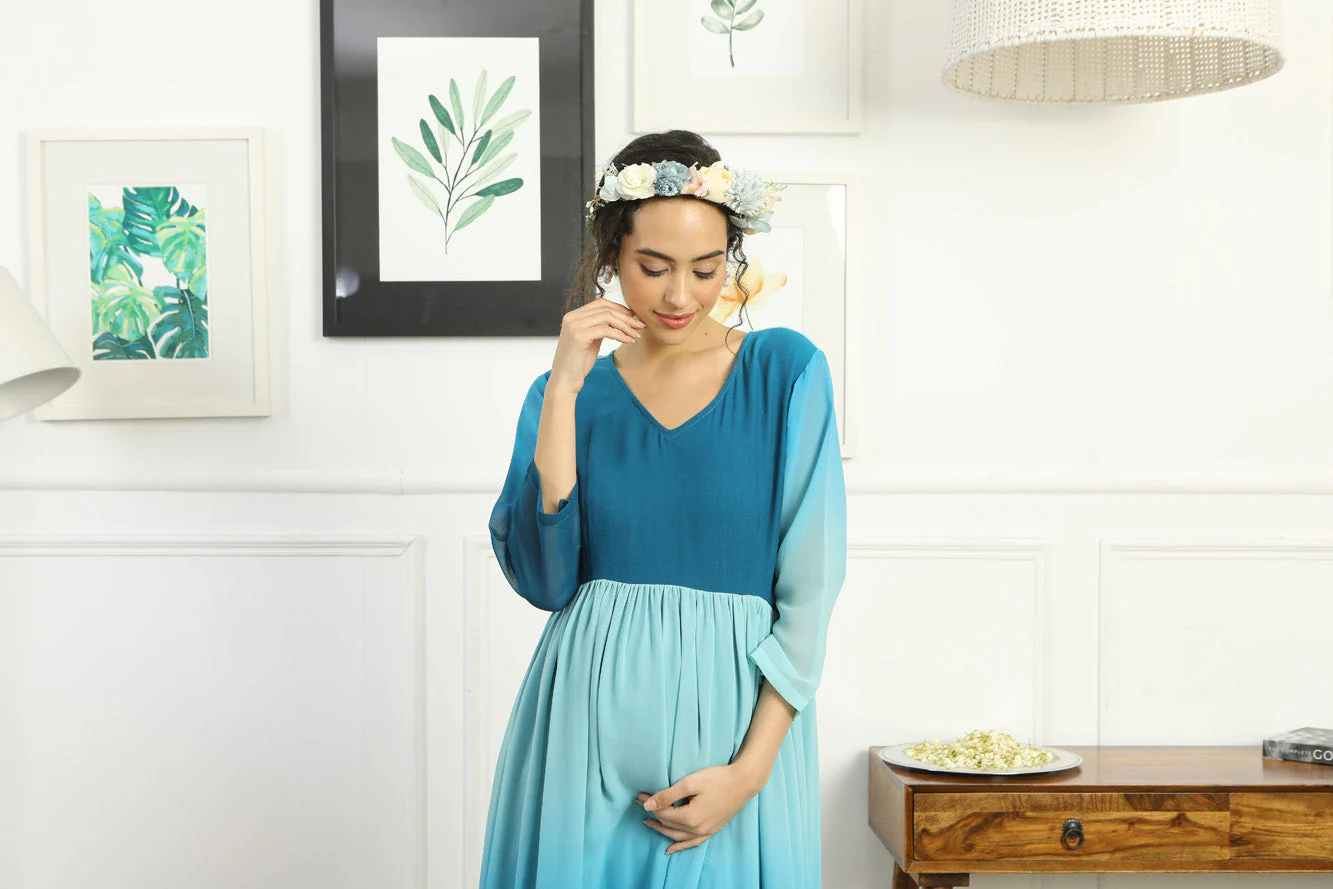 Paradise Blue Monochromatic Maternity Flow Maxi Dress - Chenance