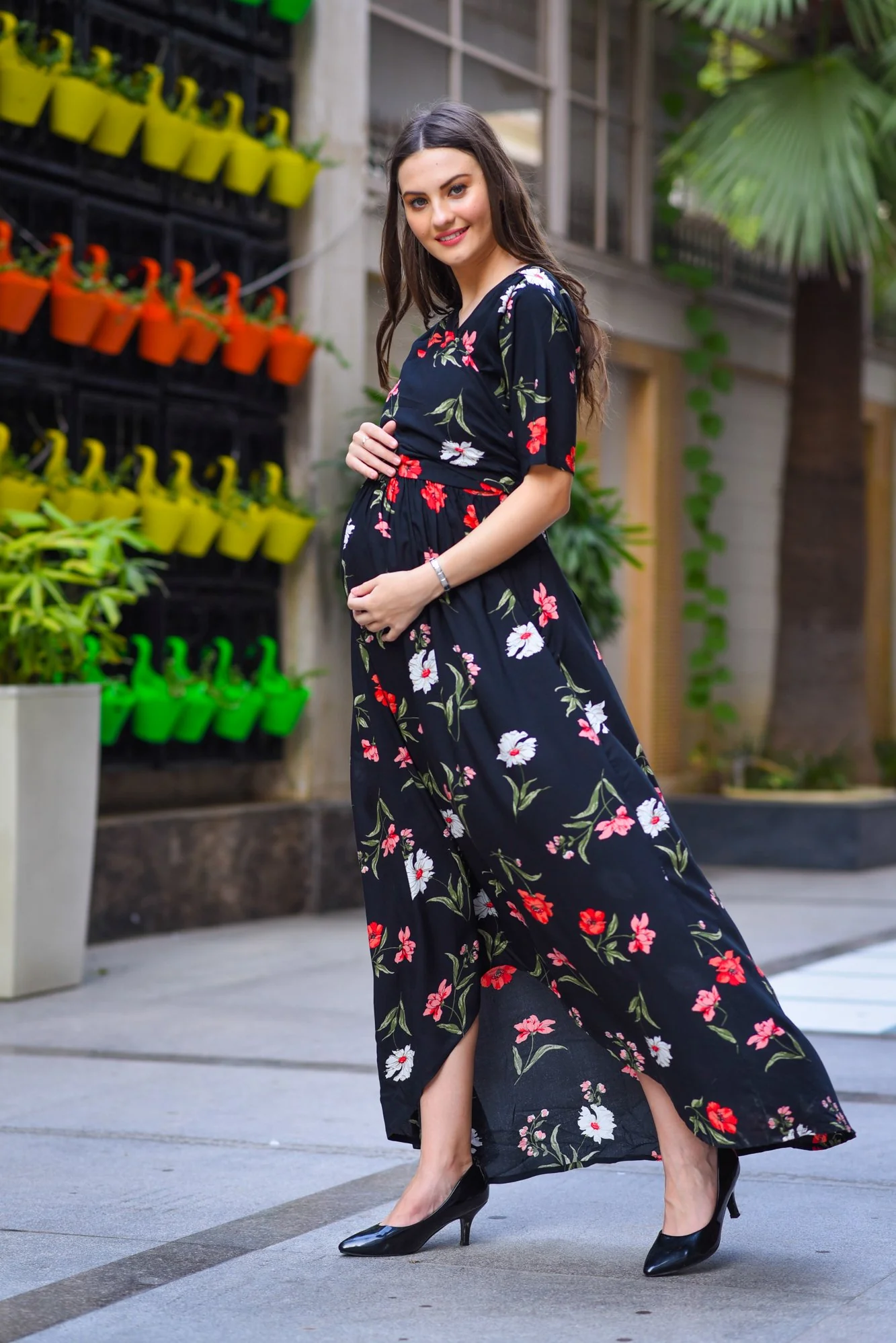 Midnight Blossom Rose High-Low Maternity & Nursing Wrap Dress - Chenance