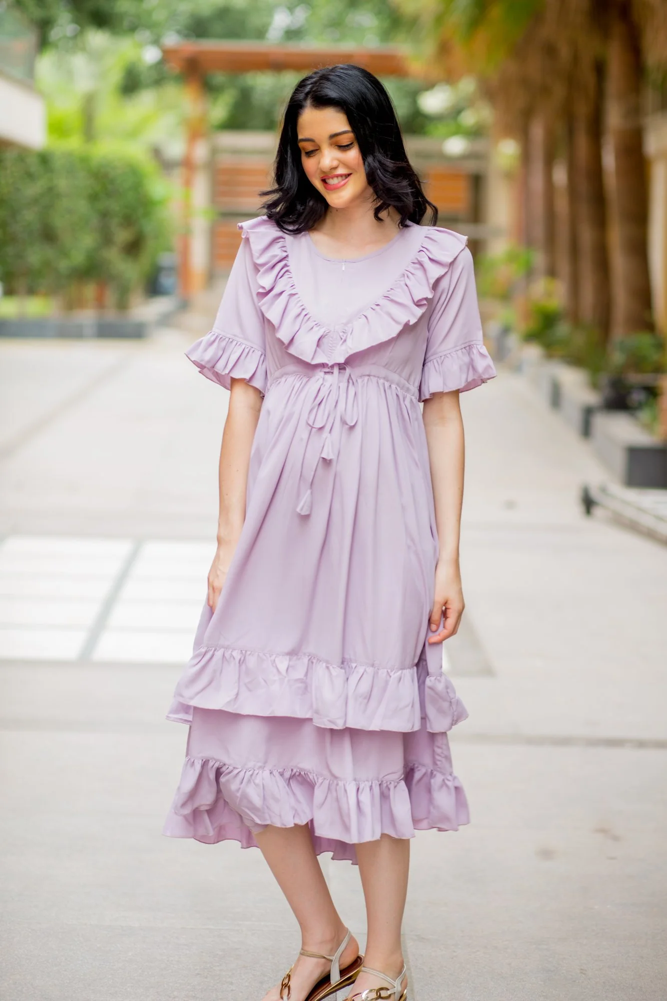 Lavender Front Frill Maternity & Nursing Midi Dress - Chenance