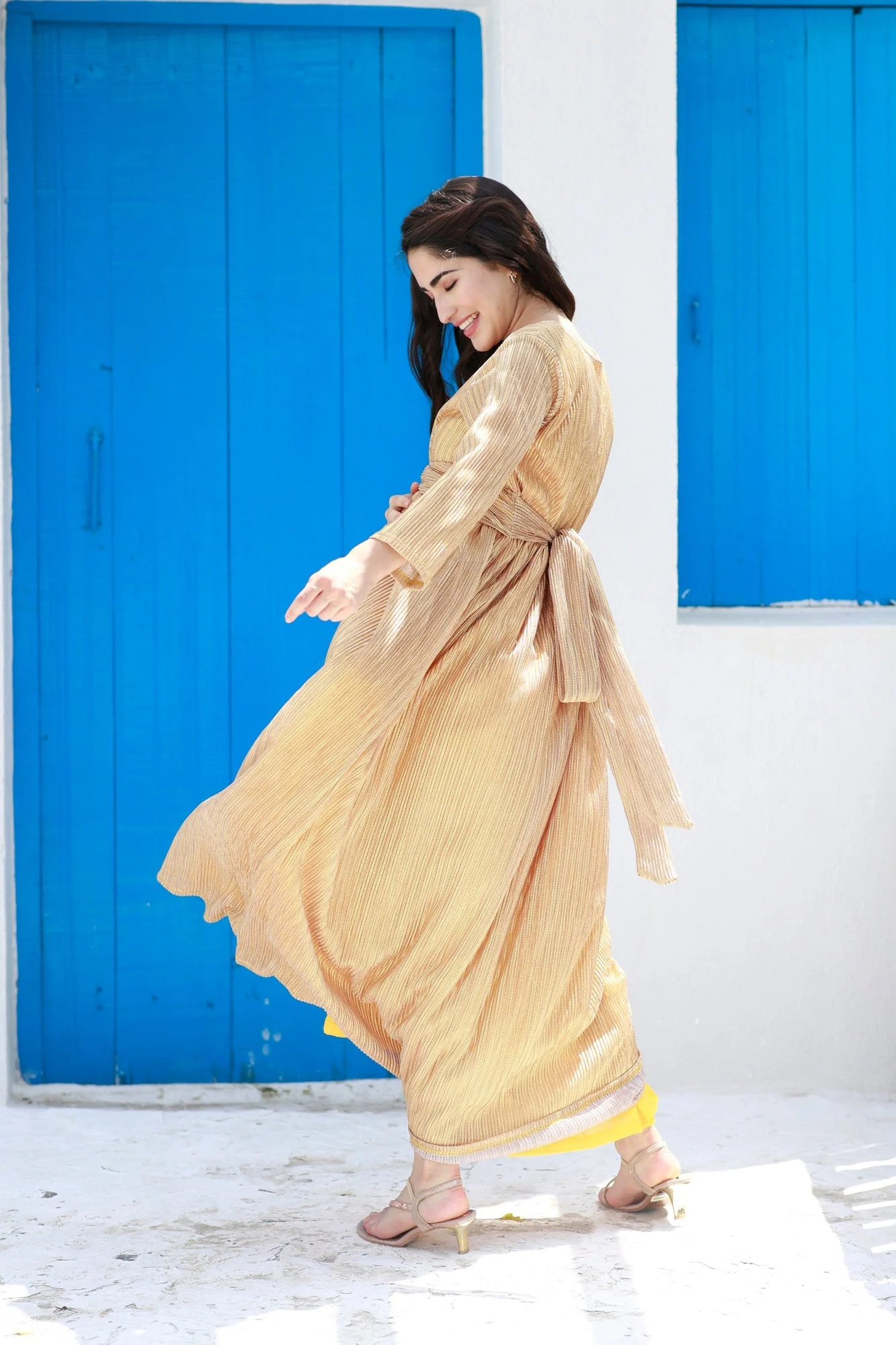 Luxe Golden Shimmery Maternity Knot Dress - Chenance