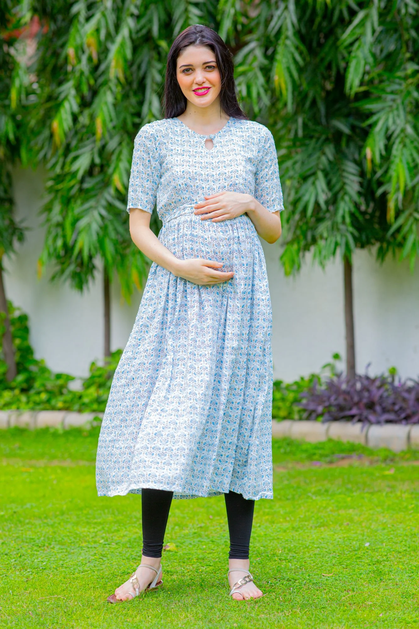 Chandelier White Concealed Zips Maternity & Nursing Kurta Dress - Chenance