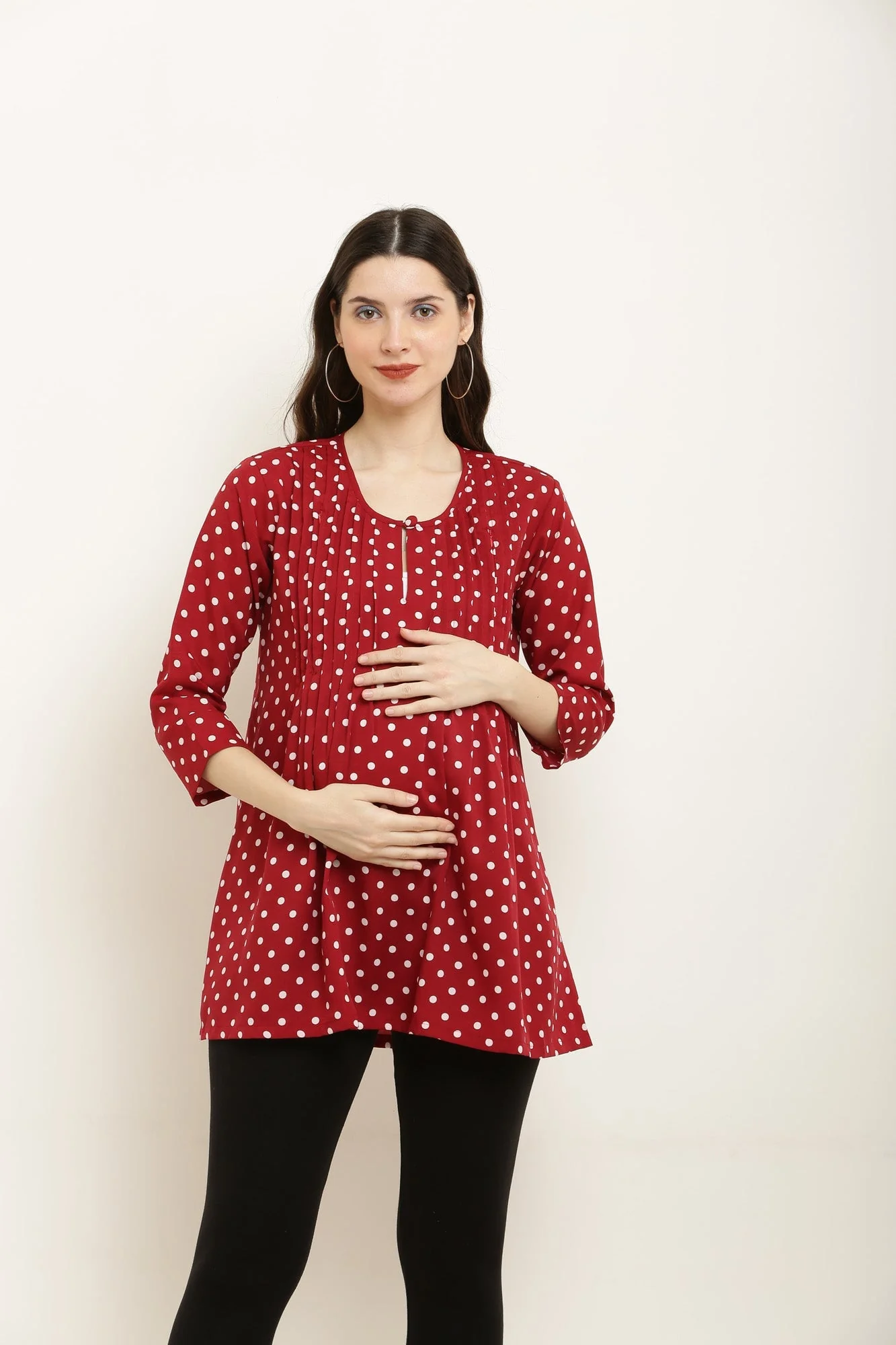 Rosy Red Polka Maternity & Nursing Pintucks Crepe Top - Chenance