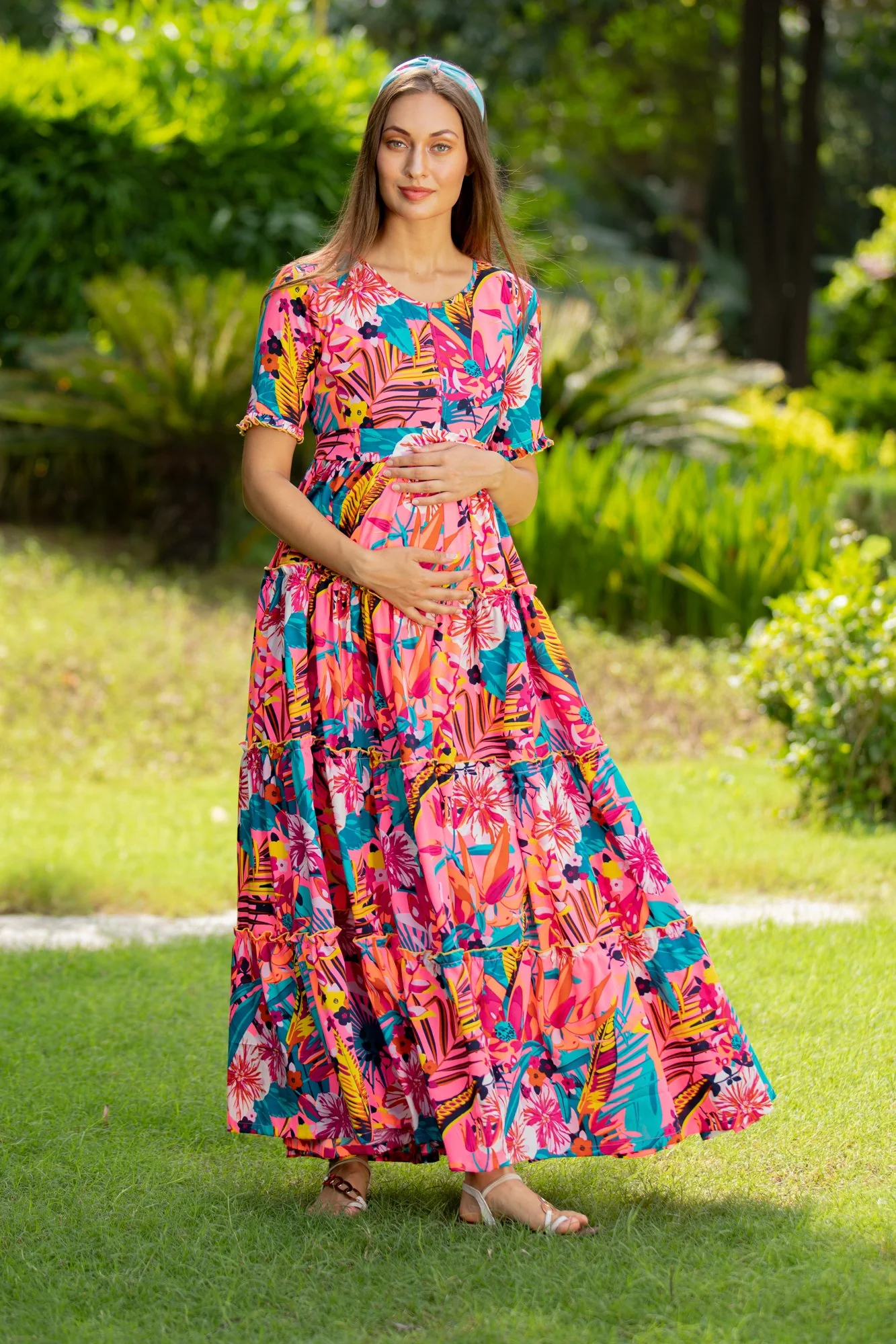 Paradise Bloom Multilayer Frill Single Concealed Zip Maternity & Nursing Dress - Chenance