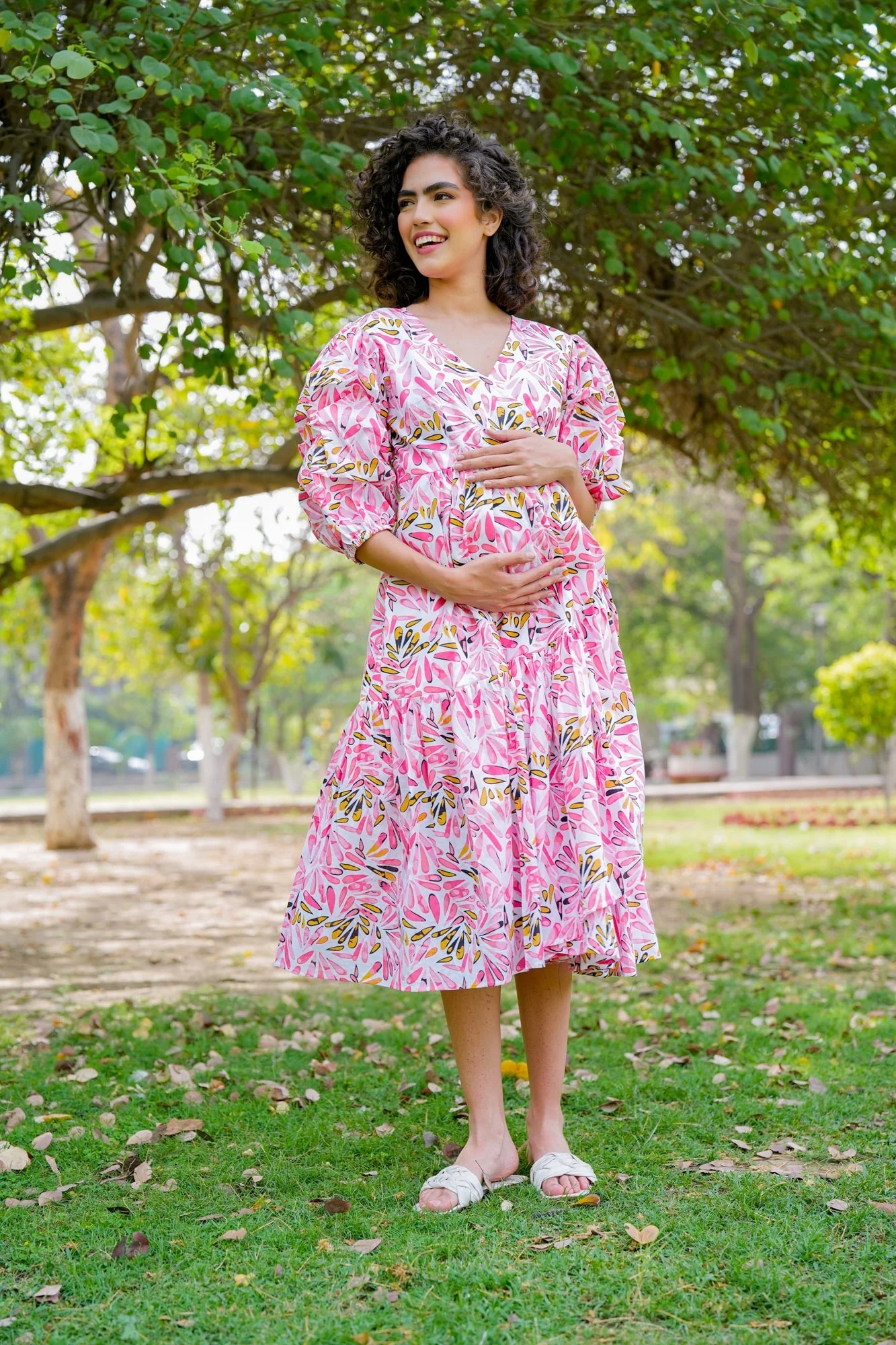 Pleasing Ivory Pinky Blossom Maternity & Nursing Frill Wrap Dress (100% Cotton) - Chenance