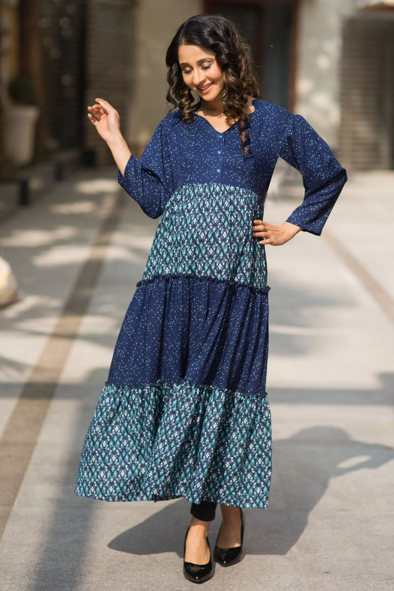 Printed Layered Long Maternity and Nursing Kurta - Chenance