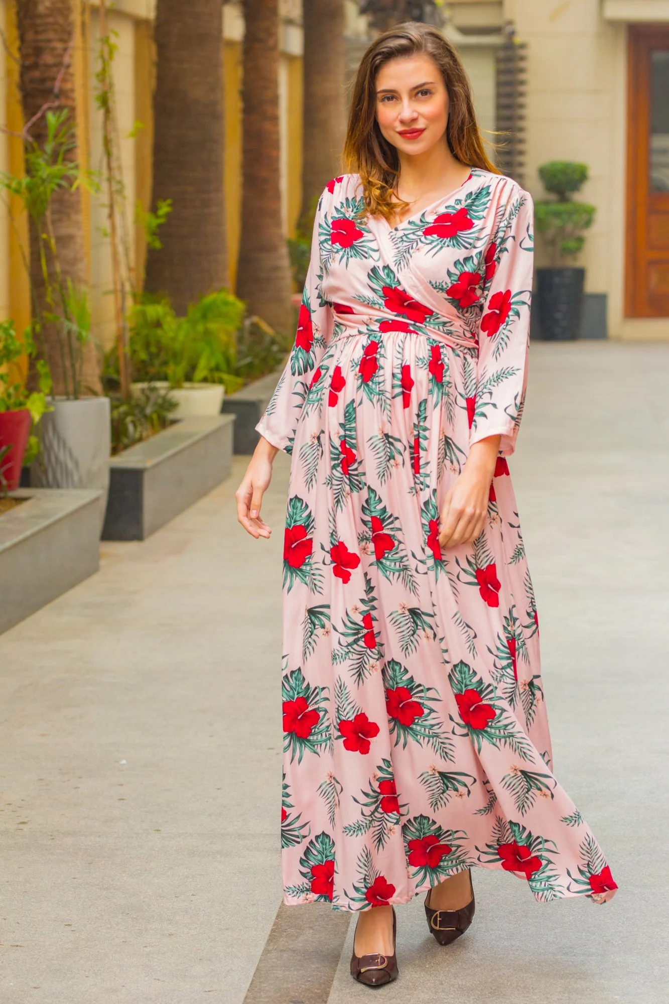 Pink Hibiscus Maternity & Nursing Wrap Dress - Chenance