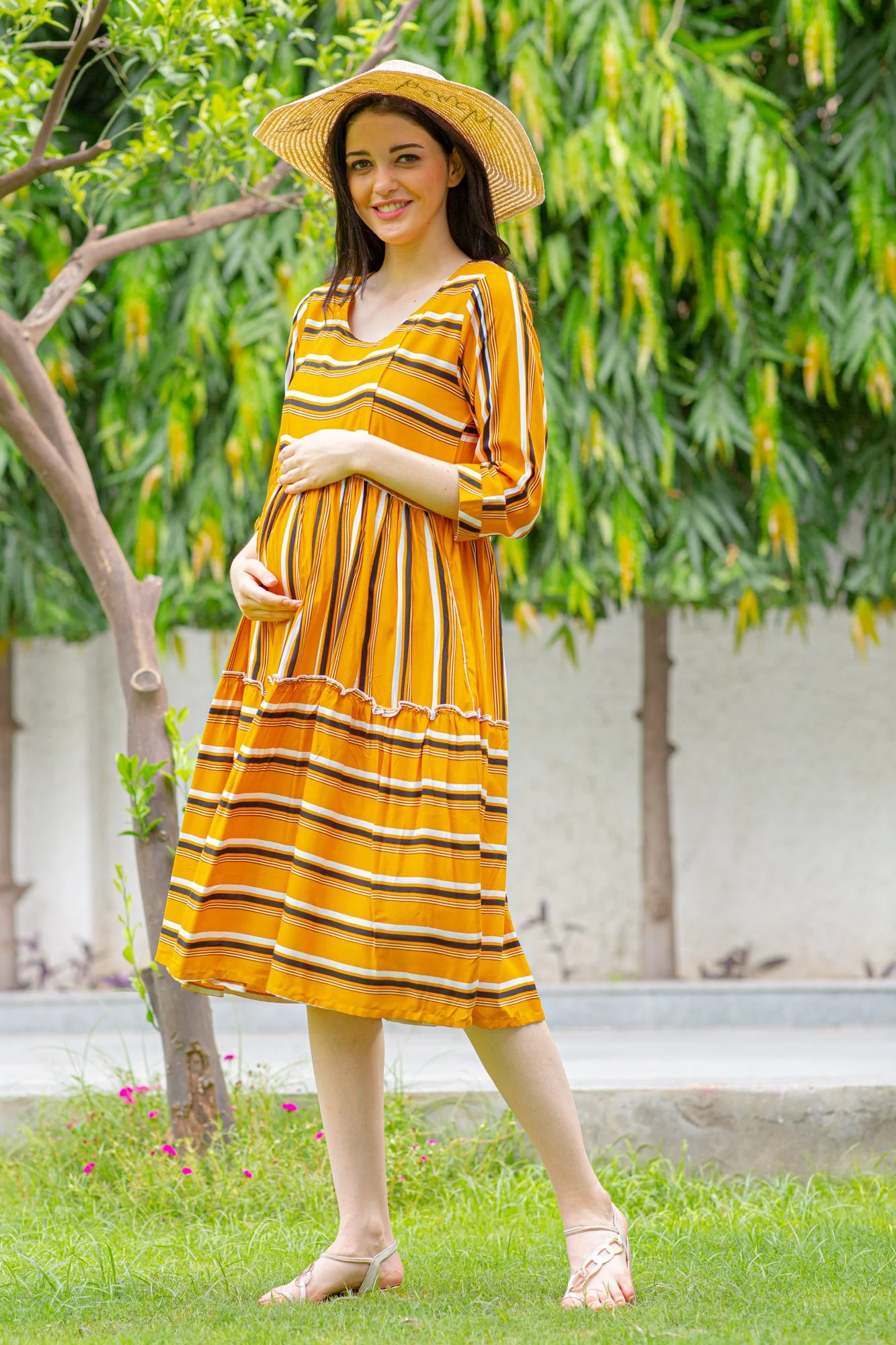 Canary Stripe Maternity & Nursing Dress - Chenance