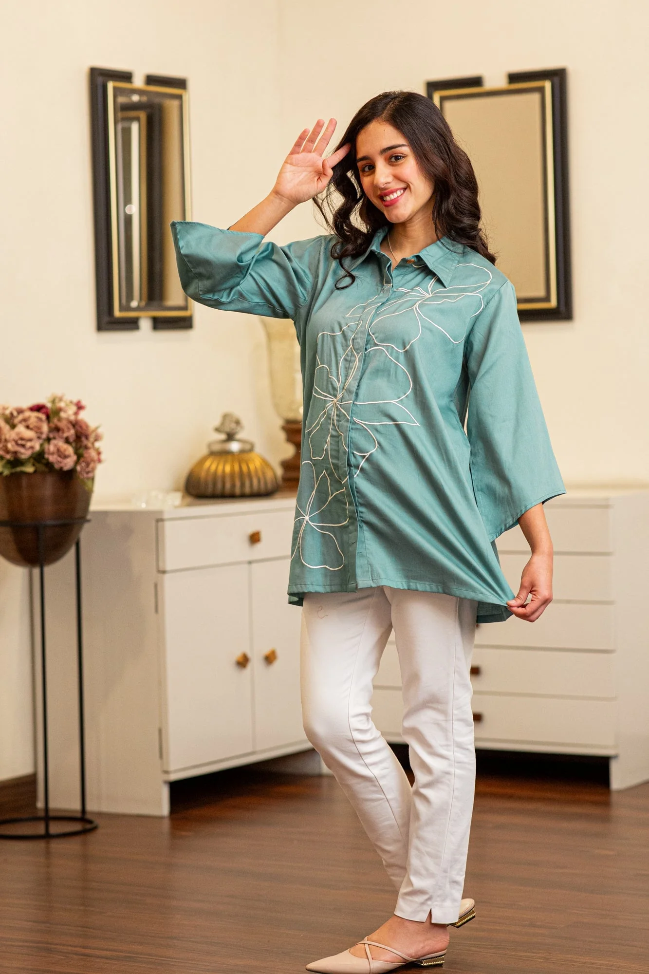 Premium Dusty Cyan Green Embroidered Maternity & Nursing Shirt - Chenance