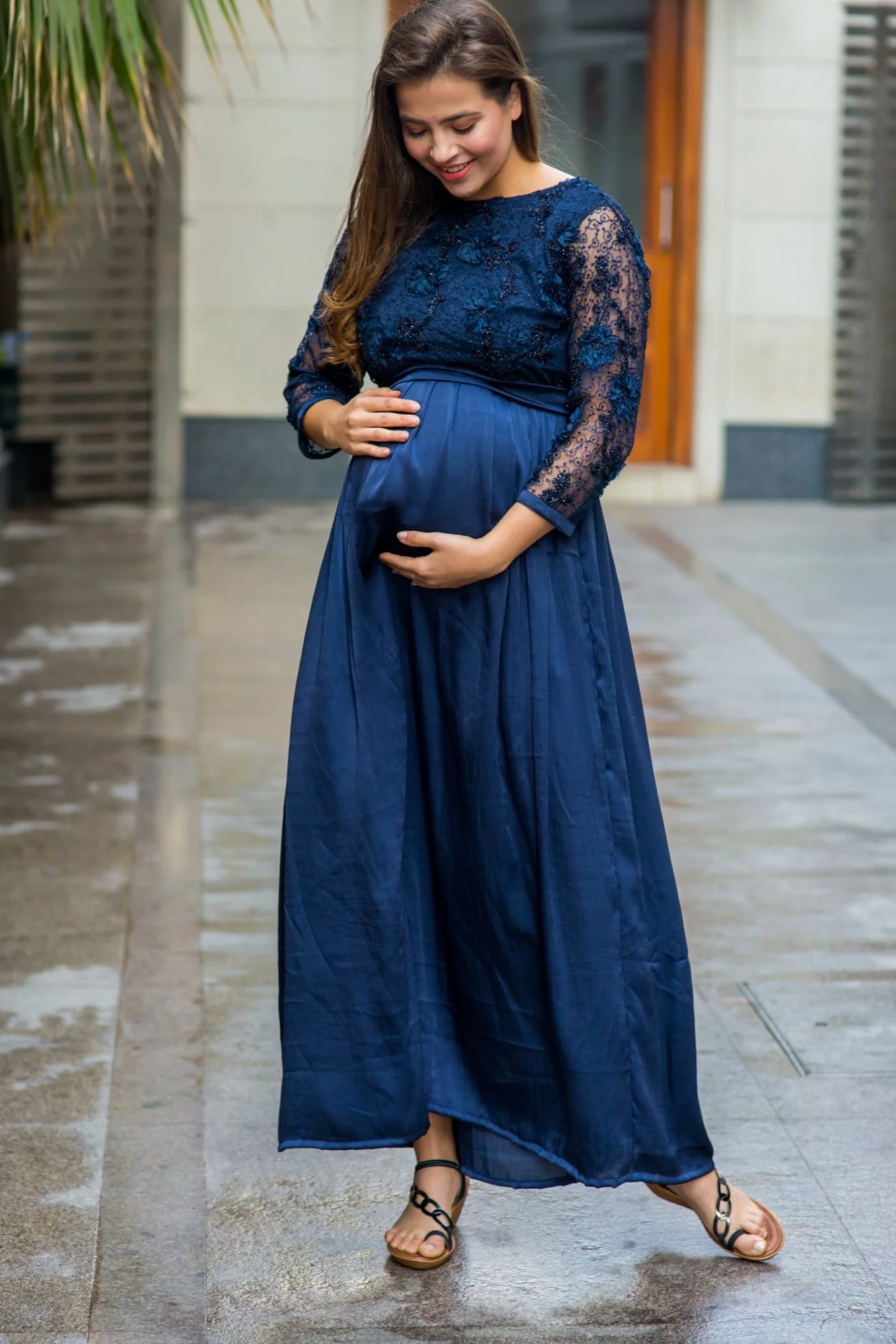 Luxe Elegant Blue Lace Embroidered Maternity Dress - Chenance