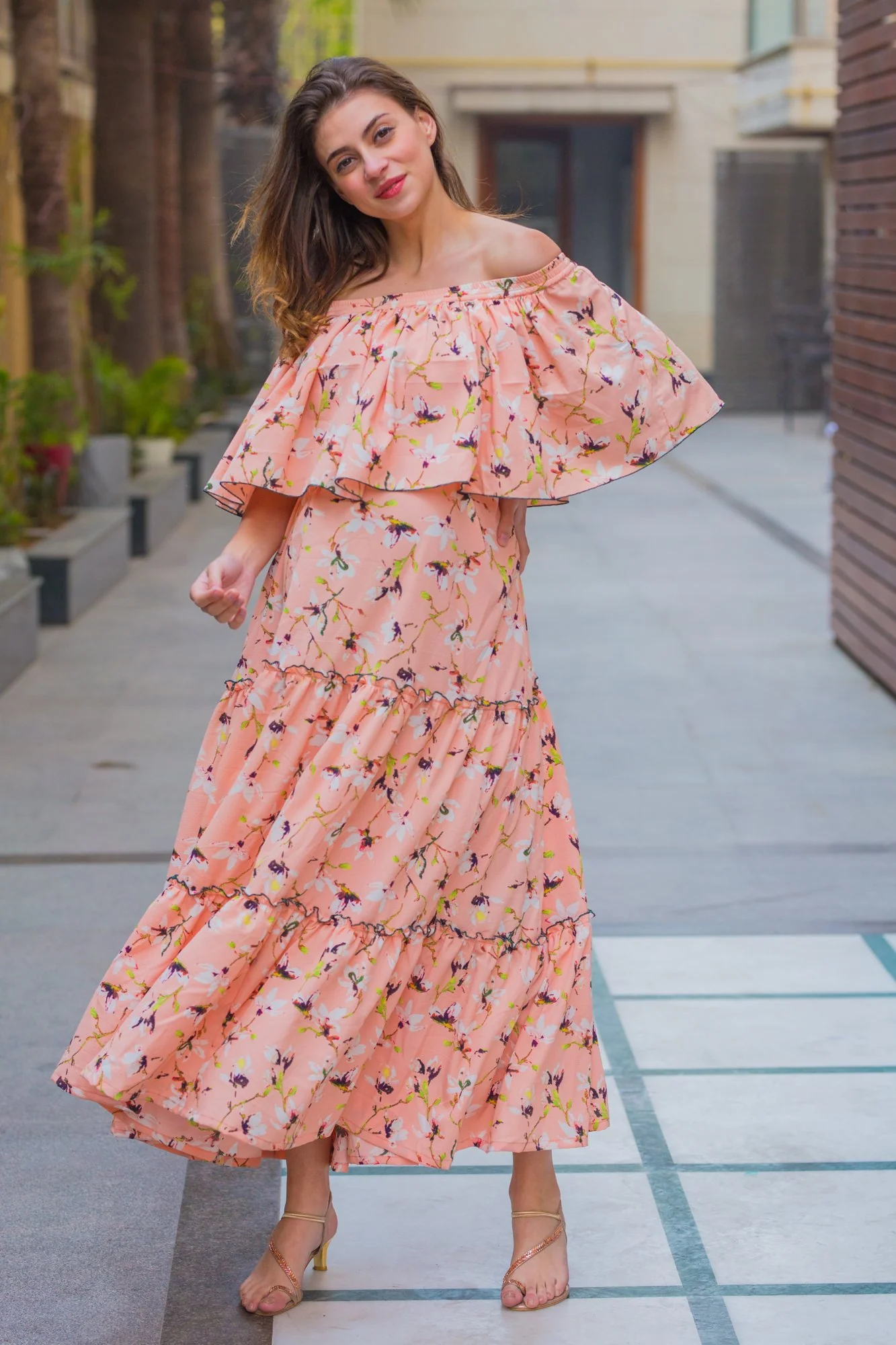 Botanical Peach Off-Shoulder Maternity Maxi Dress - Chenance