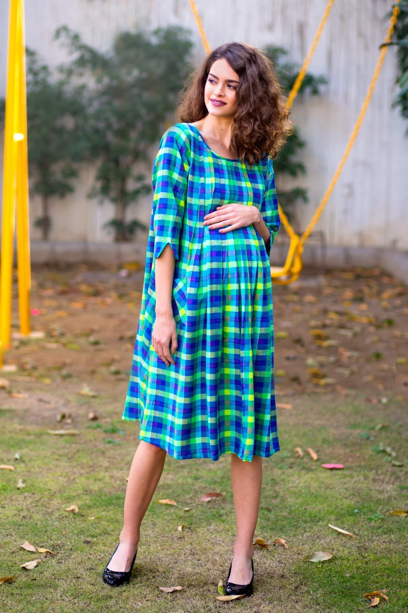 Lime Splash Plaid Pintucks Nursing Dress - Chenance