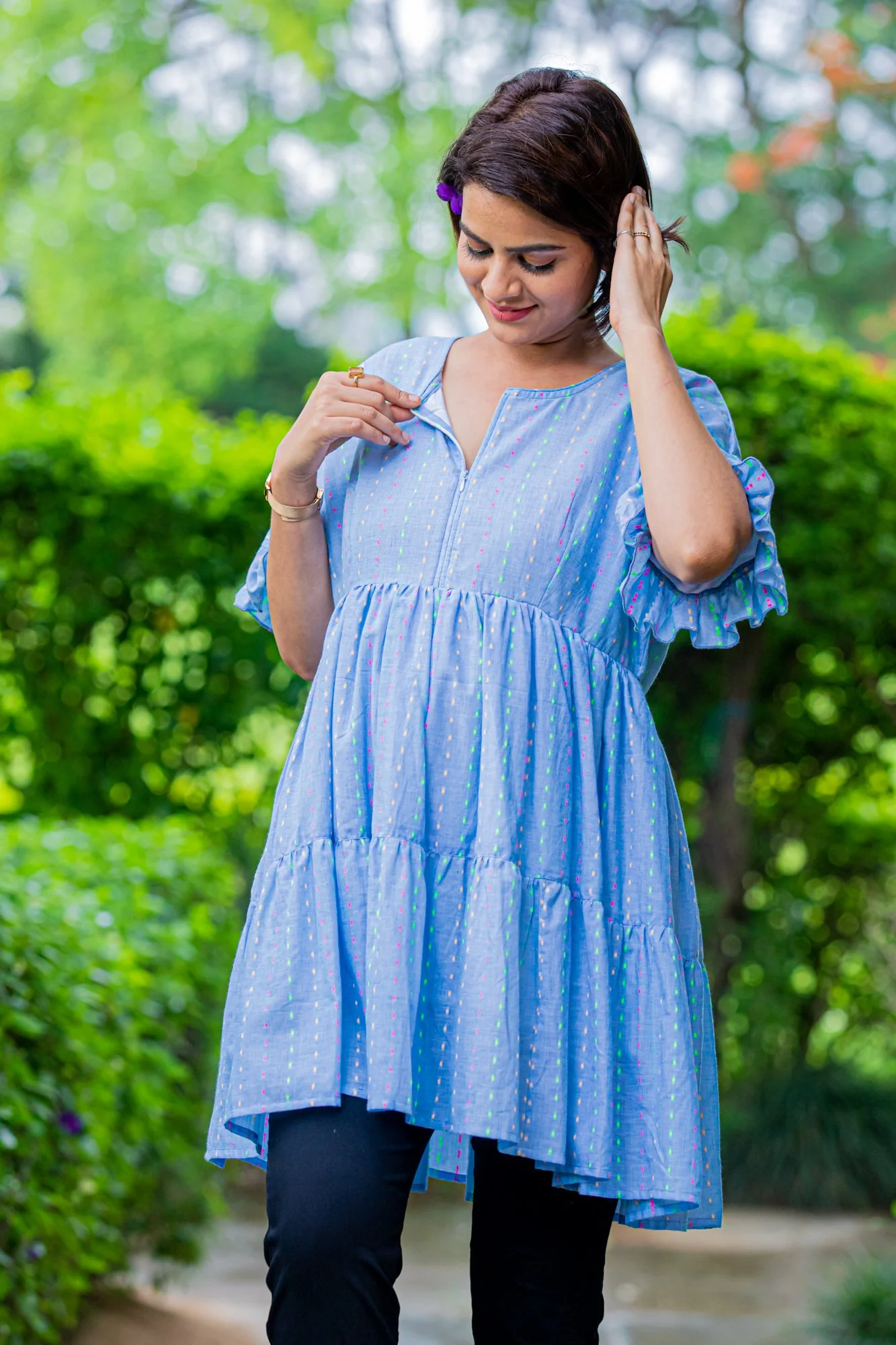 Marine Blue Layered Maternity & Nursing Top - Chenance