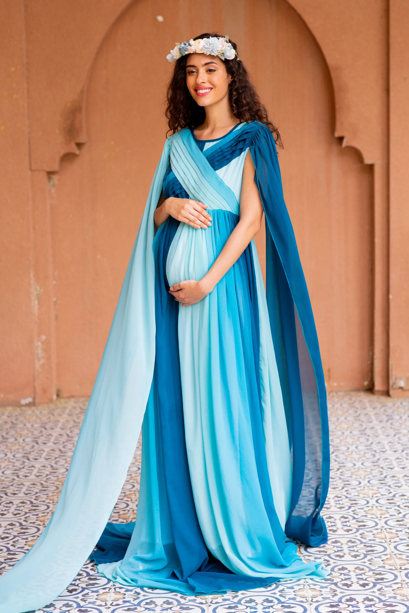 Victoria Blue Monochromatic Maternity Trail Photoshoot Gown - Chenance