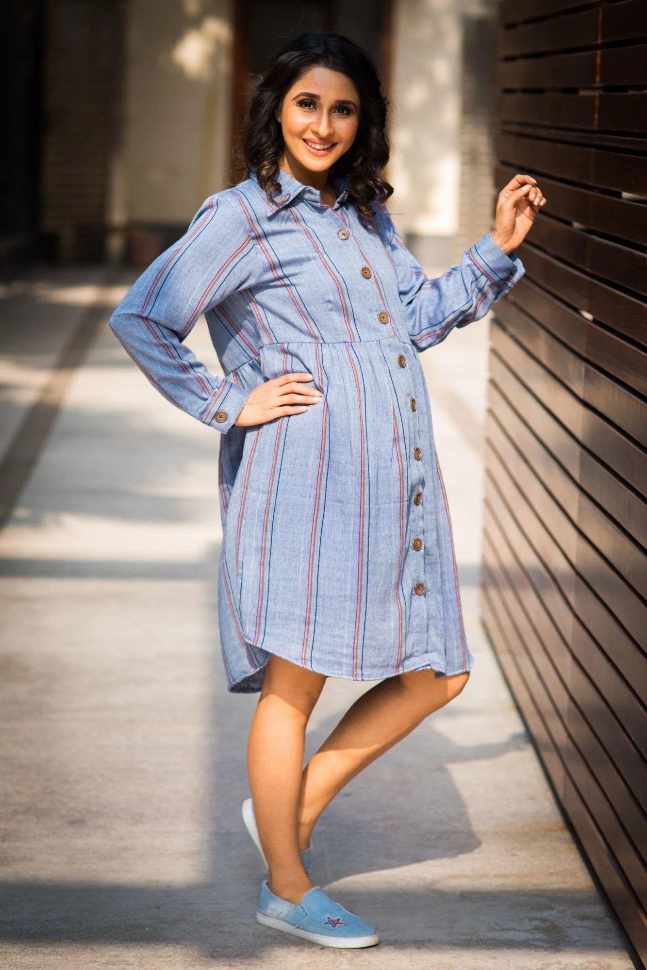 Gathered Denim Stripe Versatile Maternity & Nursing Shirt Dress - Chenance