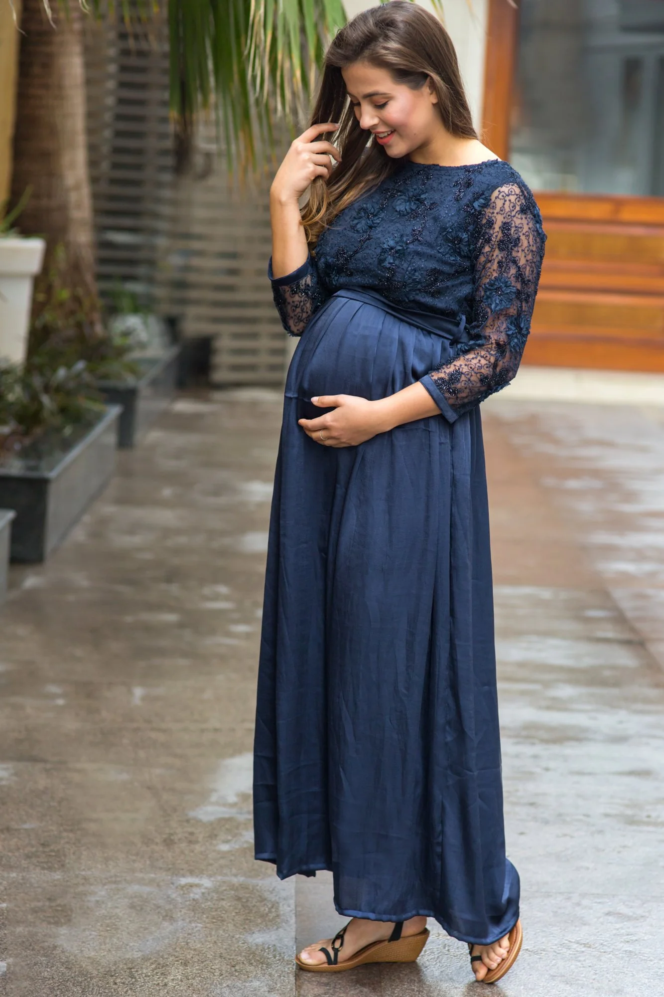 Luxe Elegant Blue Lace Embroidered Maternity Dress - Chenance