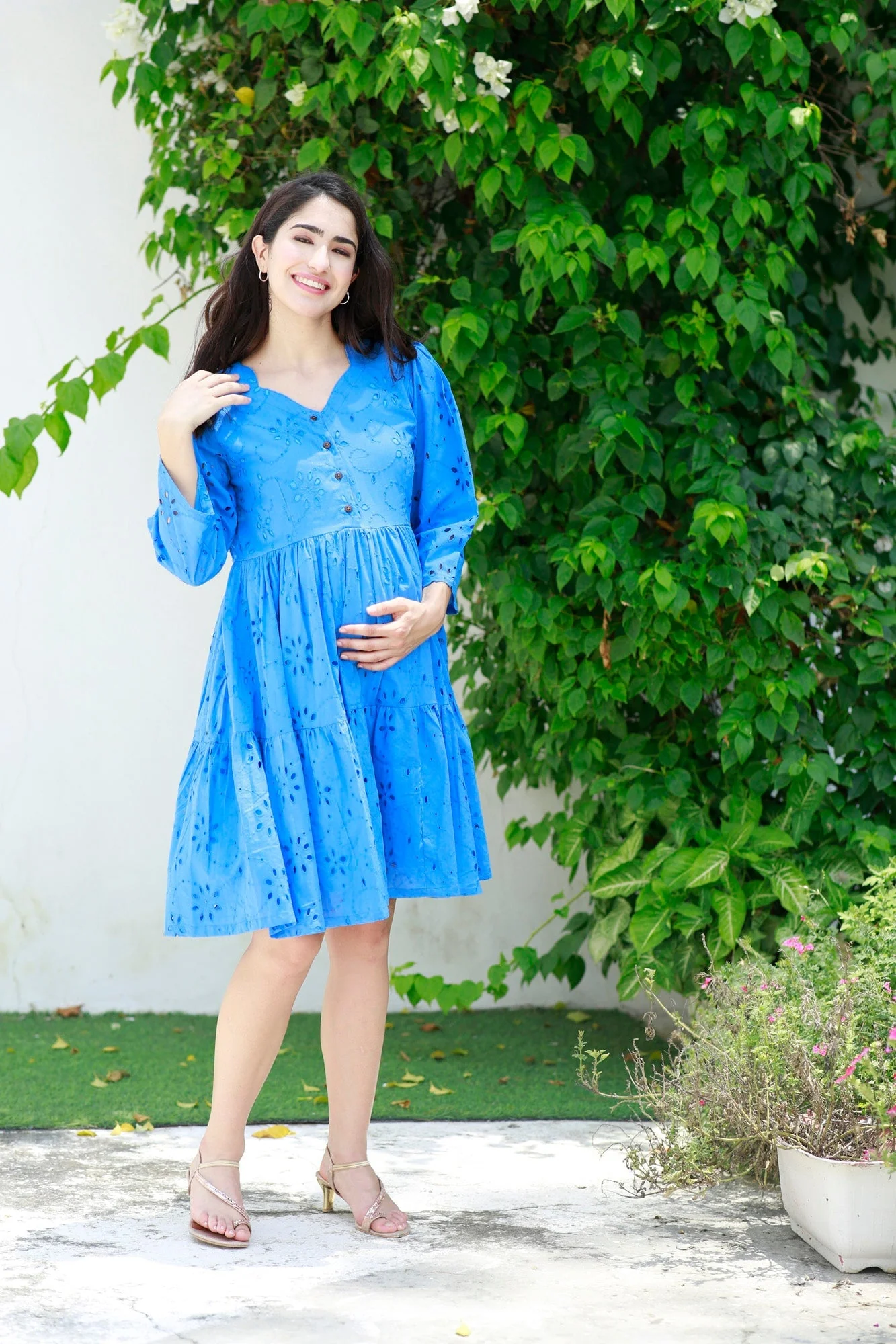 Pretty Cobalt Blue Maternity & Nursing Dress (100% Cotton) - Chenance