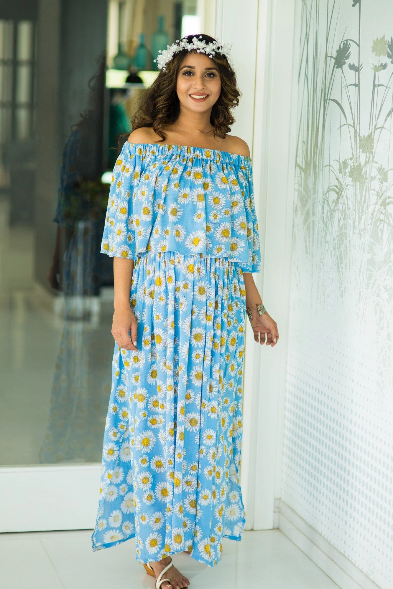 Sun flower Off-Shoulder Maternity Maxi Dress - Chenance